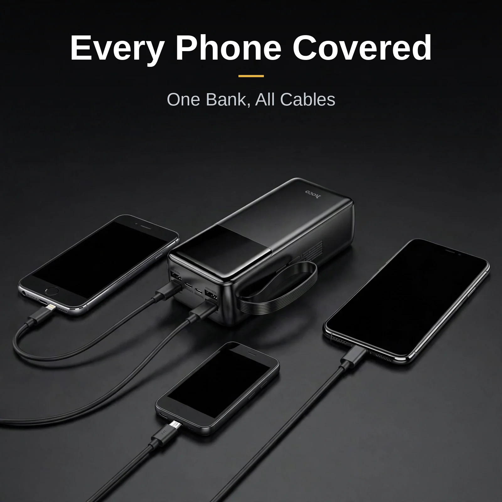Hoco MMJ-13 Rest charging three different phones with its built-in Lightning, Micro-USB and Type-C cables
