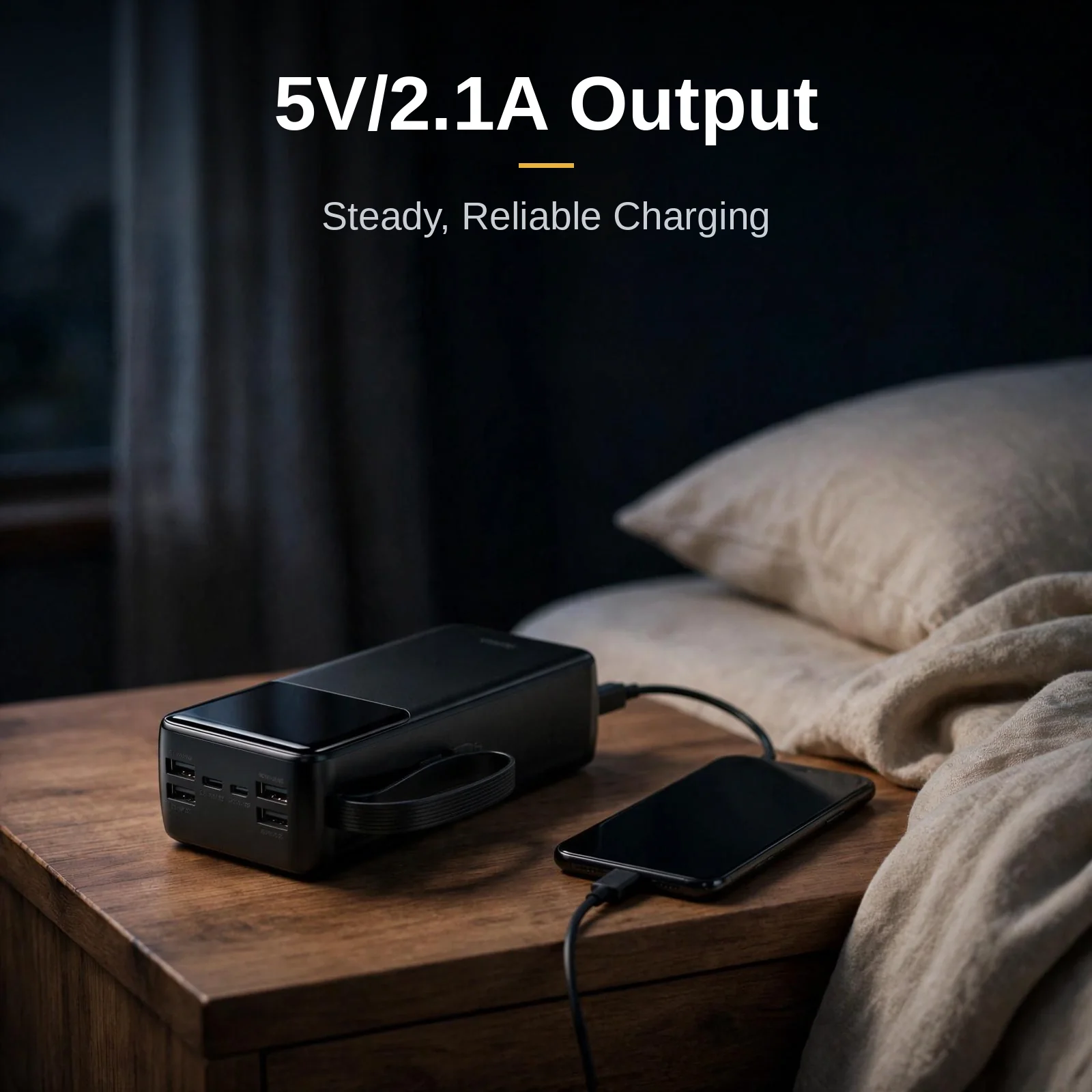 Hoco MMJ-13 Rest power bank charging a phone overnight at steady 5V/2.1A output