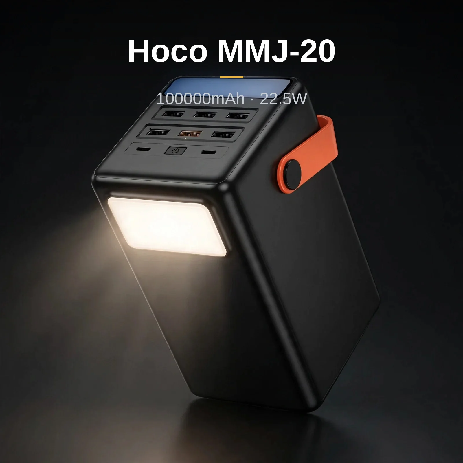 Hoco MMJ-20 power bank price — 100000mAh tower with orange carry strap and glowing LED floodlight