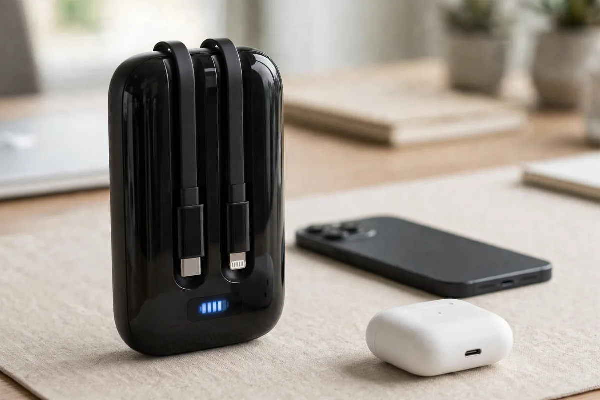 hoco-mmj-27-10000mah-22-5w-fast-charging-power-bank-with-built-in-cables_08 Hoco MMJ-27 power bank with a smartphone on a desk