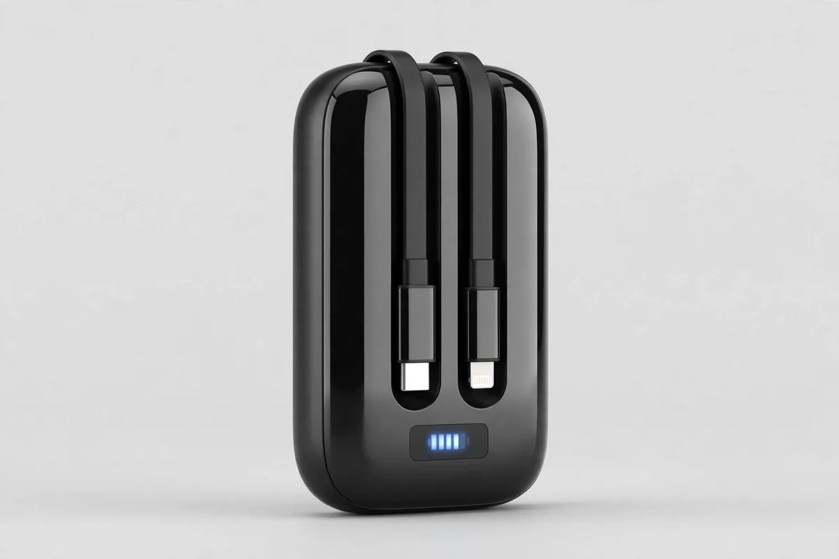 hoco-mmj-27-10000mah-22-5w-fast-charging-power-bank-with-built-in-cables_11 Hoco MMJ-27 power bank front view with docked built-in cables
