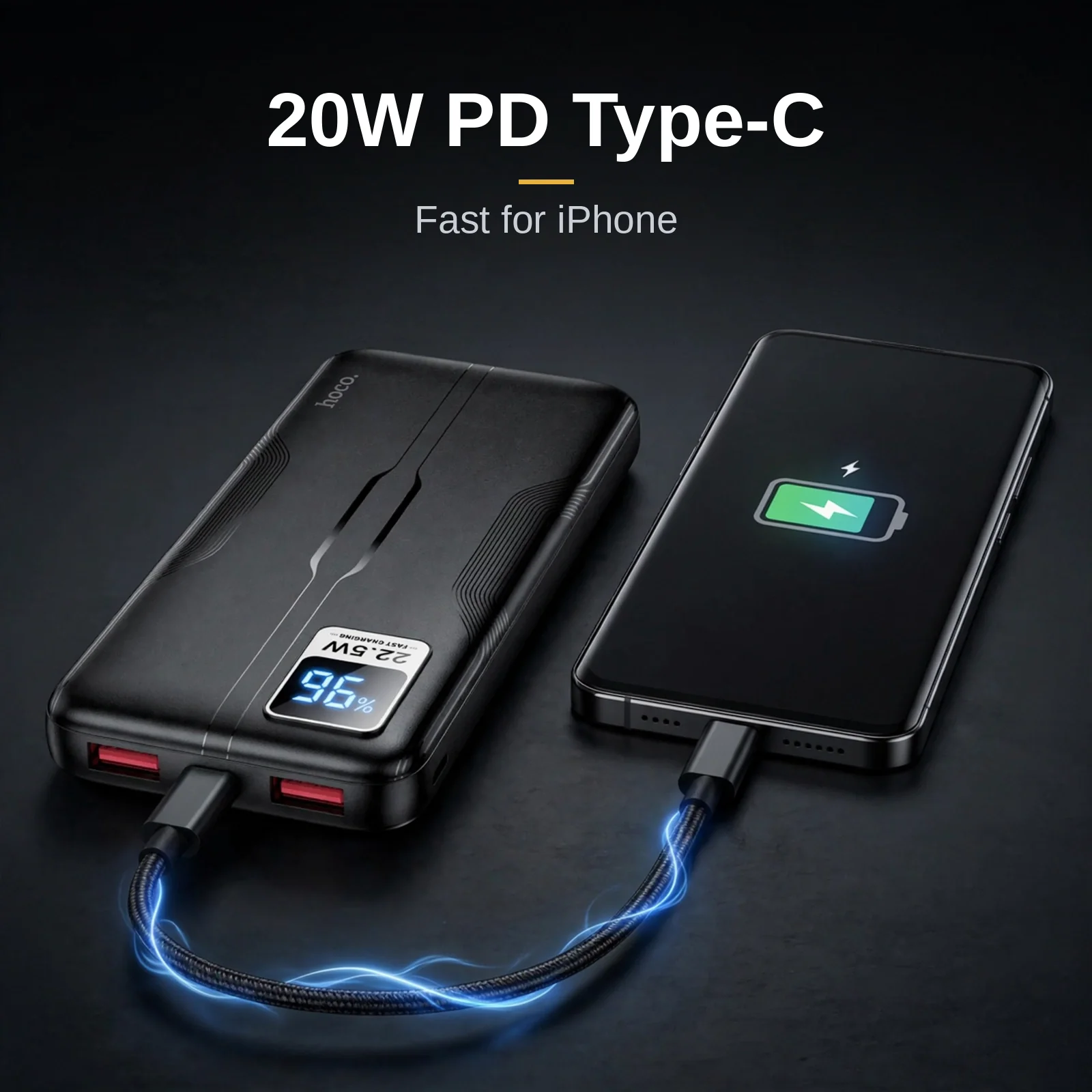 Hoco MMJ15 power bank delivering 20W PD fast charging to a phone over Type-C