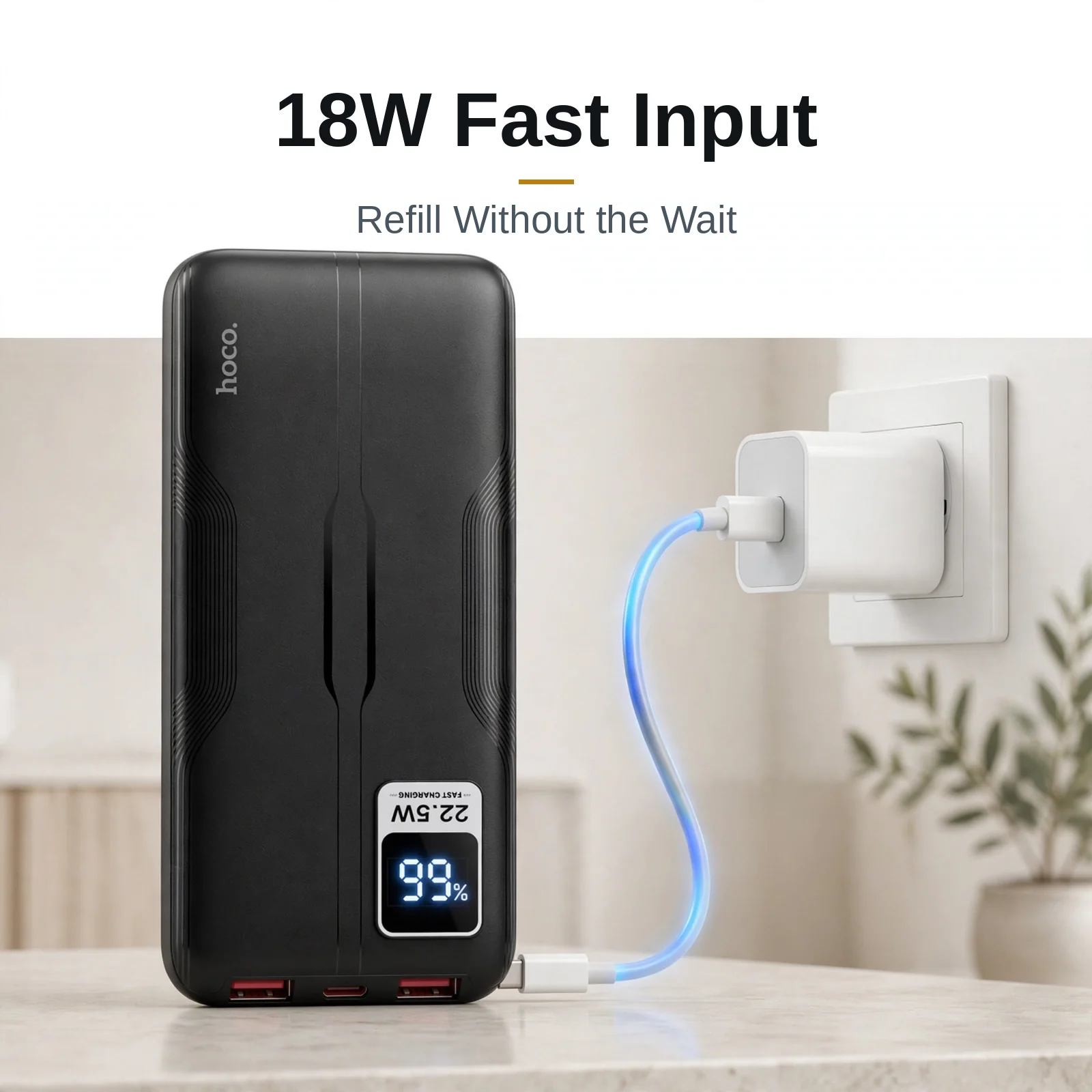 Hoco MMJ15 power bank refilling through 18W fast Type-C input from a wall charger