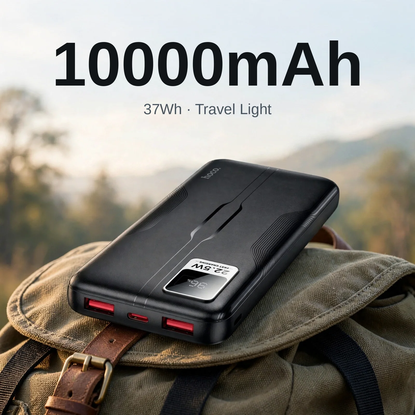 Hoco MMJ15 Resolute 10000mAh 37Wh power bank on a travel backpack