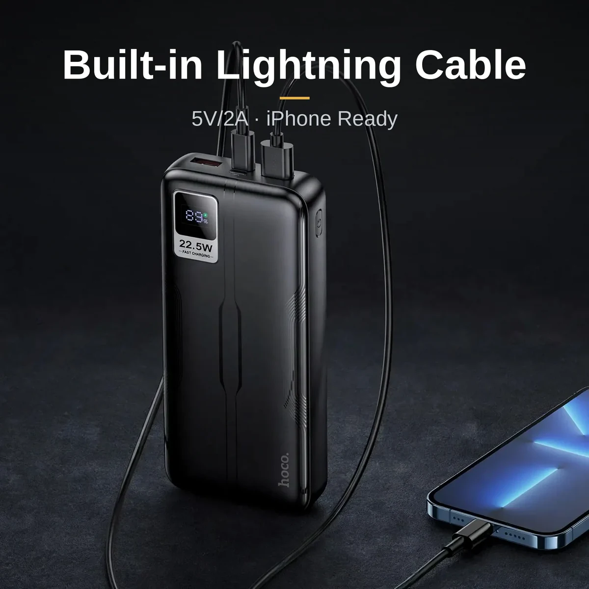 Hoco MMJ16 power bank price — built-in Lightning cable charging an iPhone