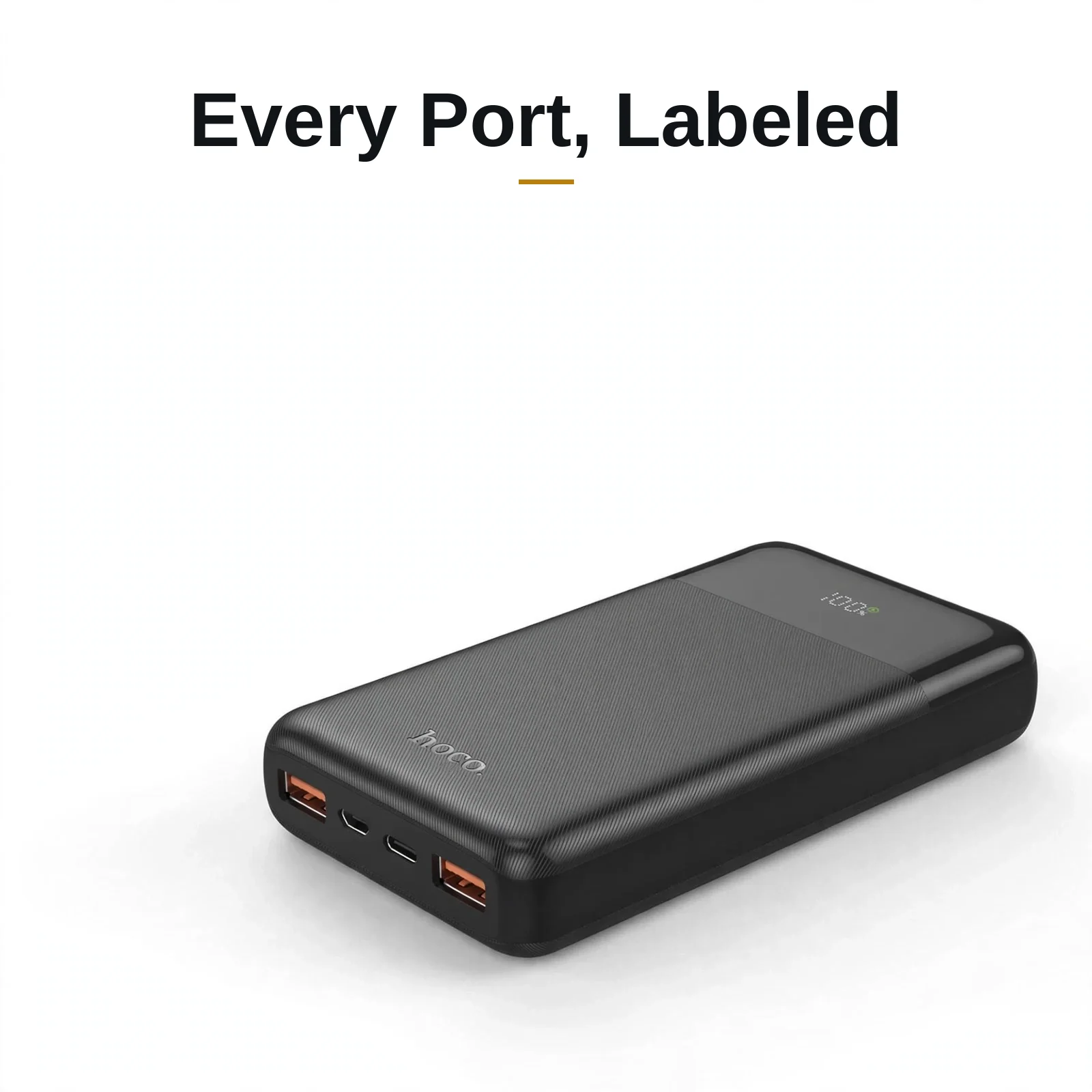 Hoco MMJ23 Resolute port layout: two USB-A 22.5W ports, Type-C 20W PD, and dual inputs