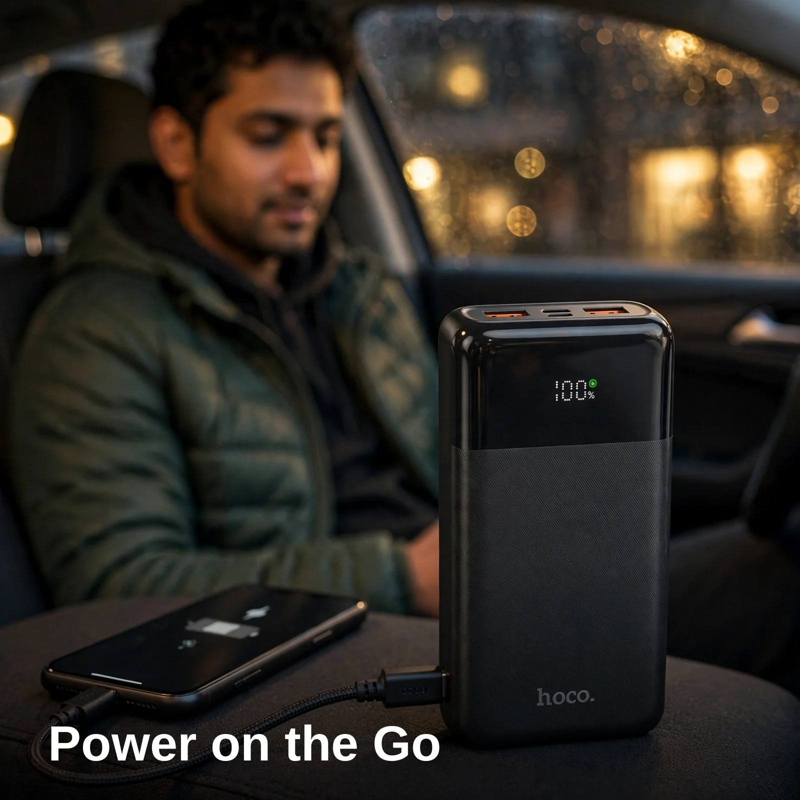Hoco MMJ23 Resolute power bank charging a phone in a car