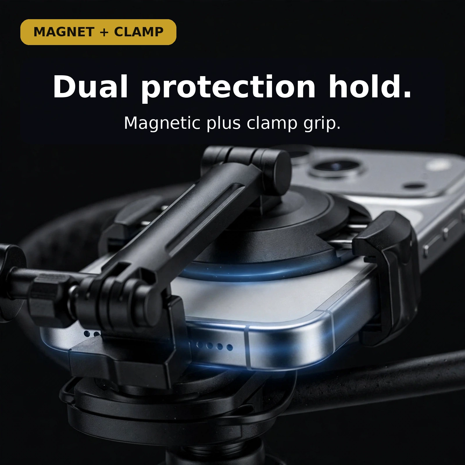 Magnetic plate plus clamp jaws on the Usams JOY02 neck mount