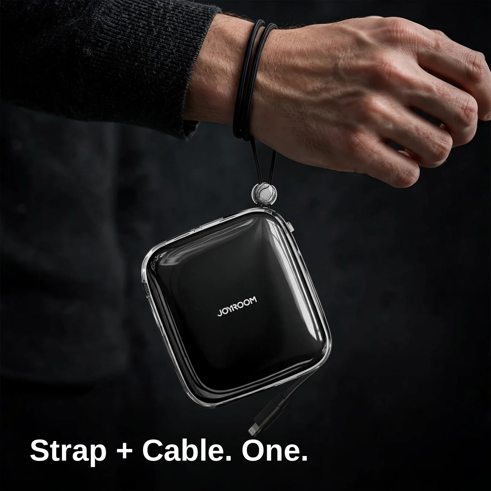 Joyroom JR-L002 power bank price — JR-L002 hanging from its lanyard-type fast-charging cable