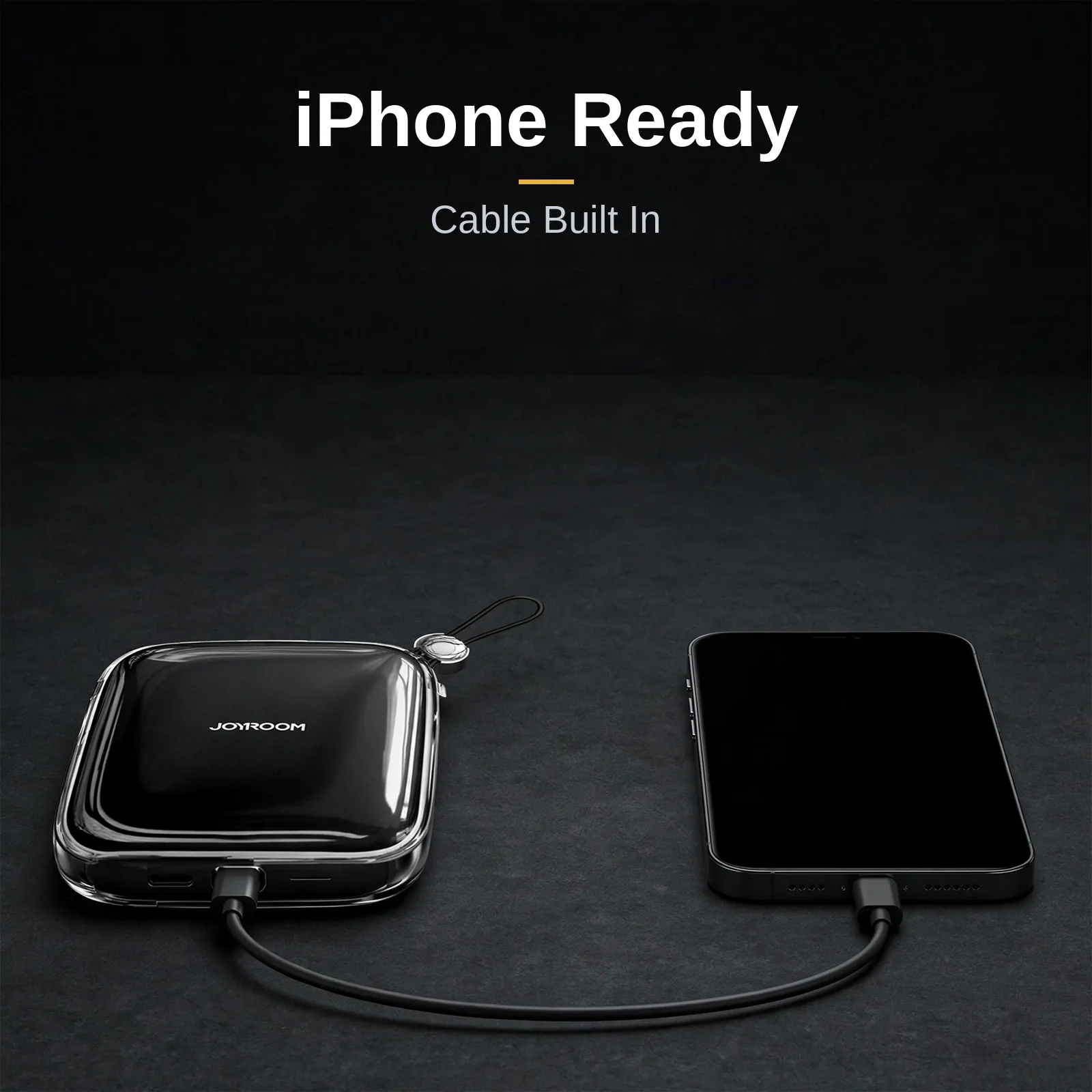 Built-in Lightning cable of the Joyroom JR-L002 charging an iPhone