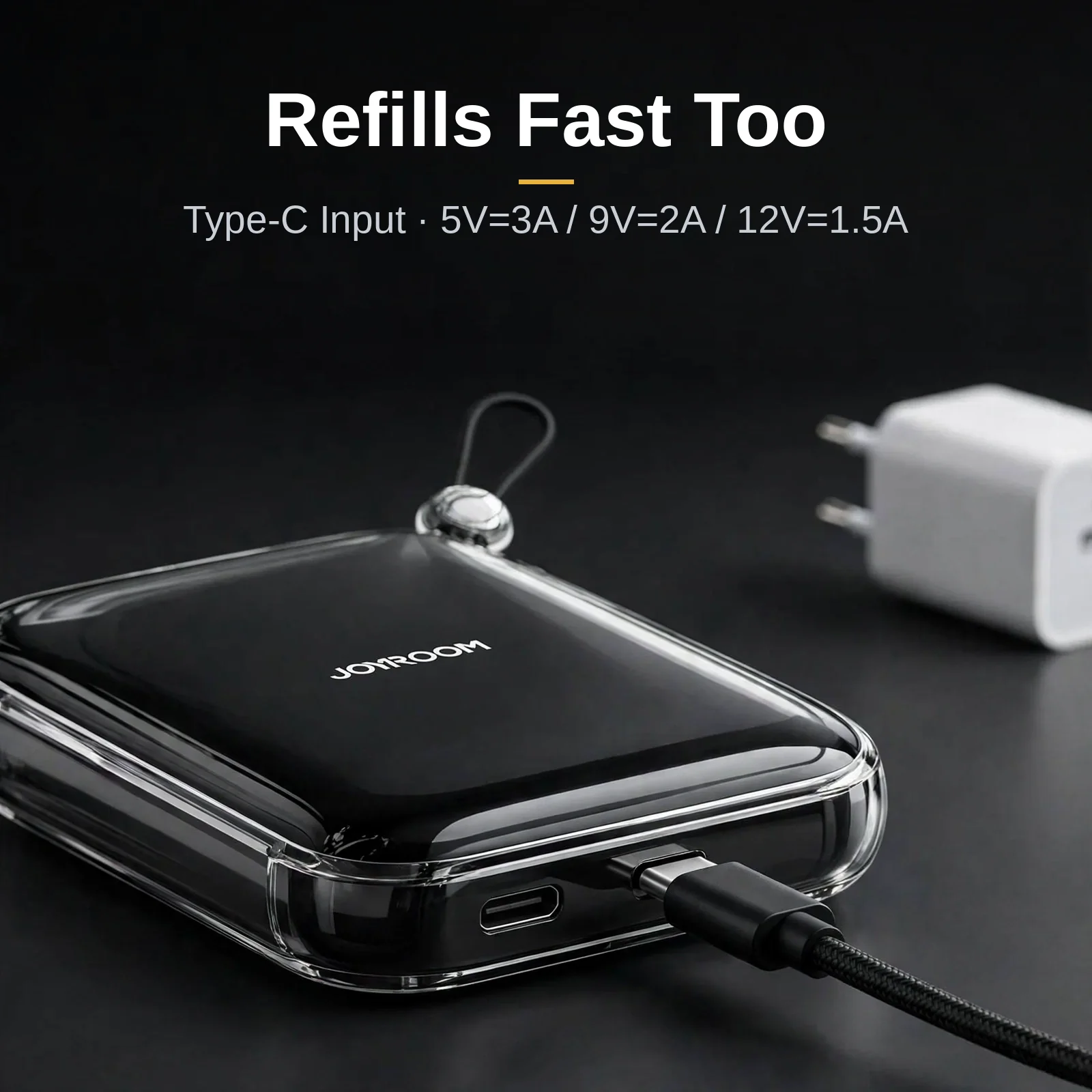 Joyroom JR-L003 refilling through its fast Type-C input from a wall charger