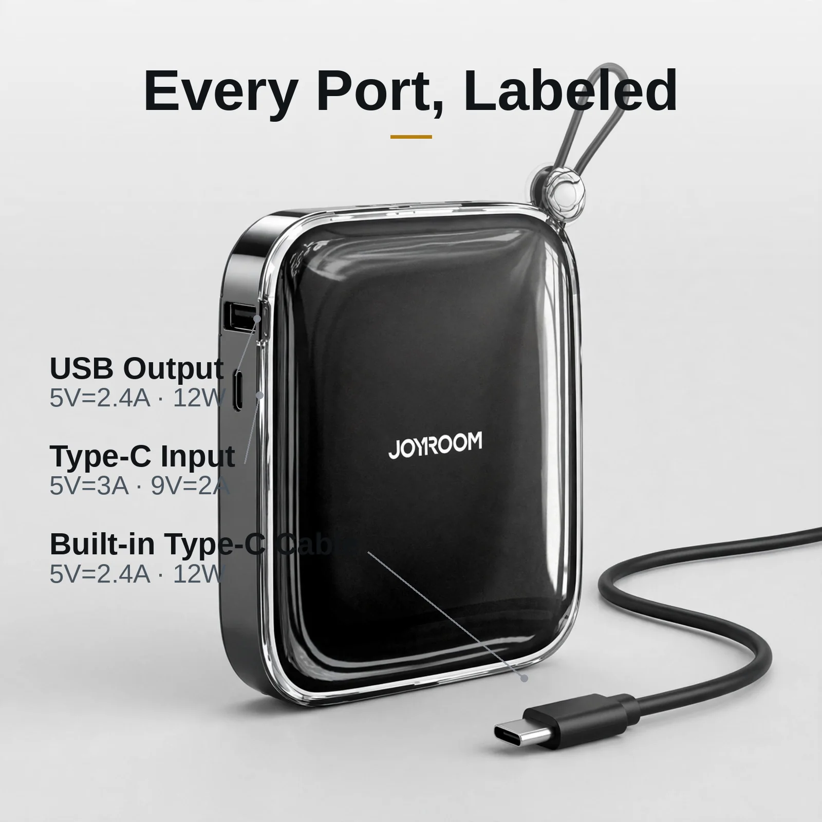 Joyroom JR-L004 port map showing USB output, Type-C input and built-in Type-C cable