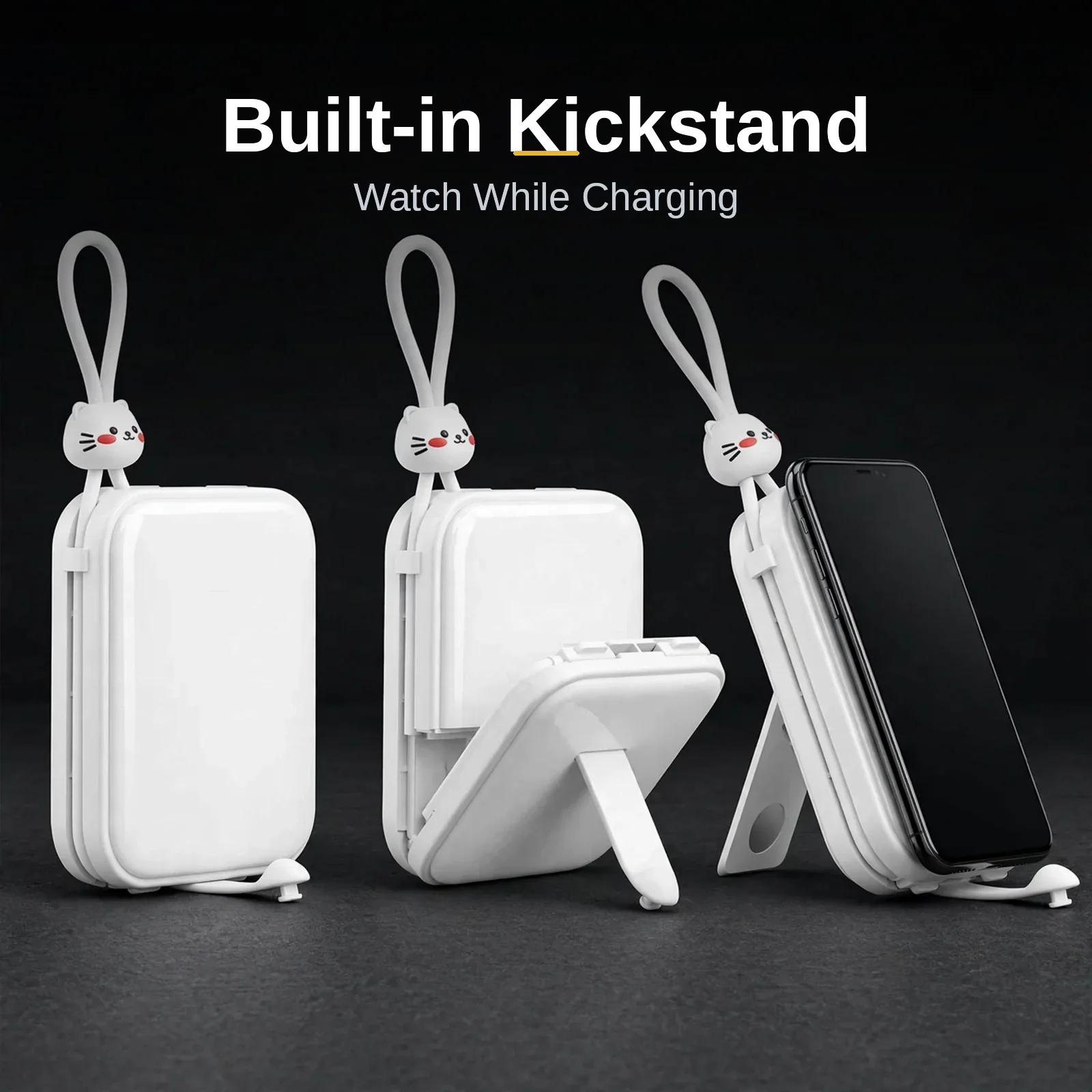 Joyroom JR-L008 power bank price — kickstand sequence: closed, half-open, propping a phone for hands-free viewing