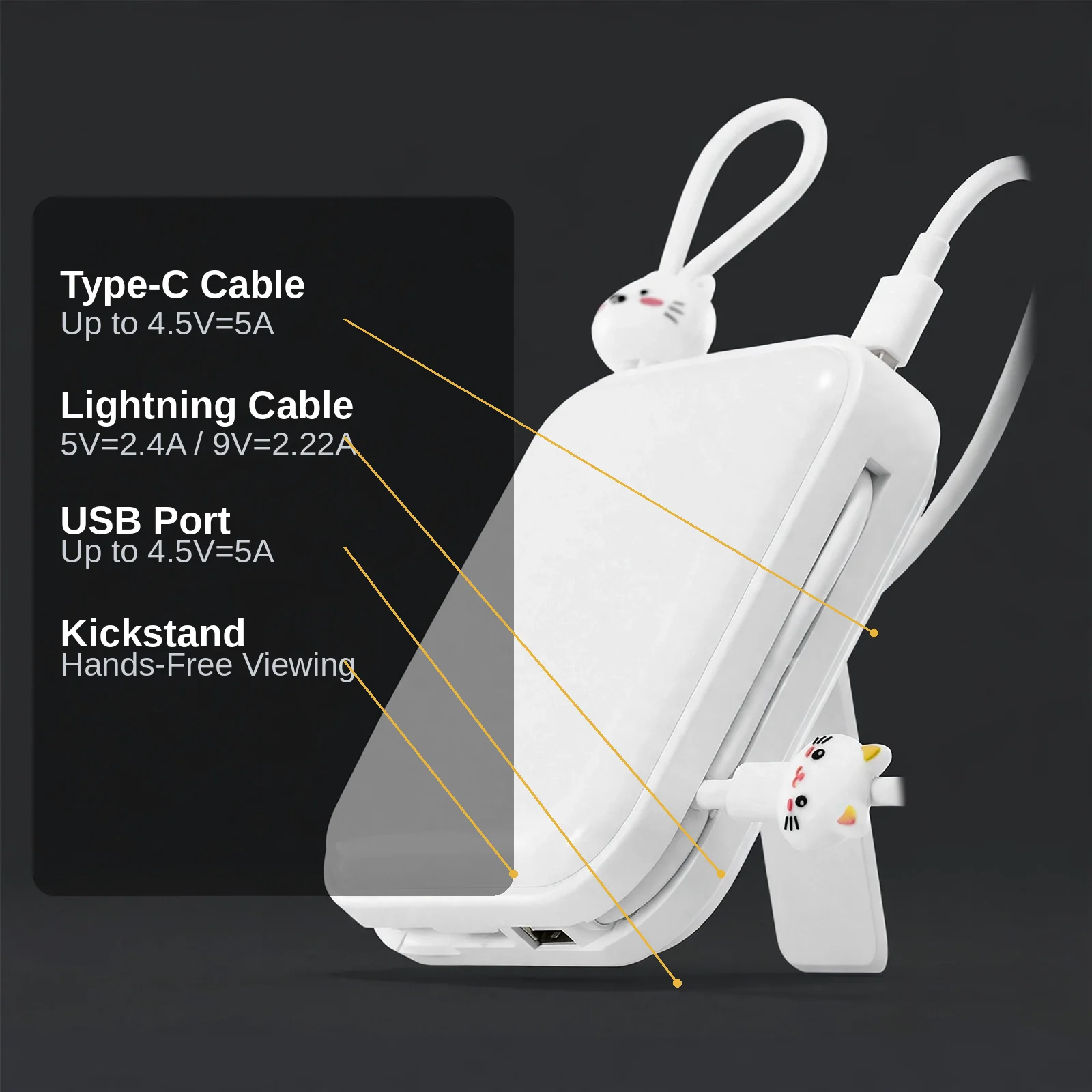 Joyroom JR-L008 port map with callouts for the Type-C cable, Lightning cable, USB port and kickstand