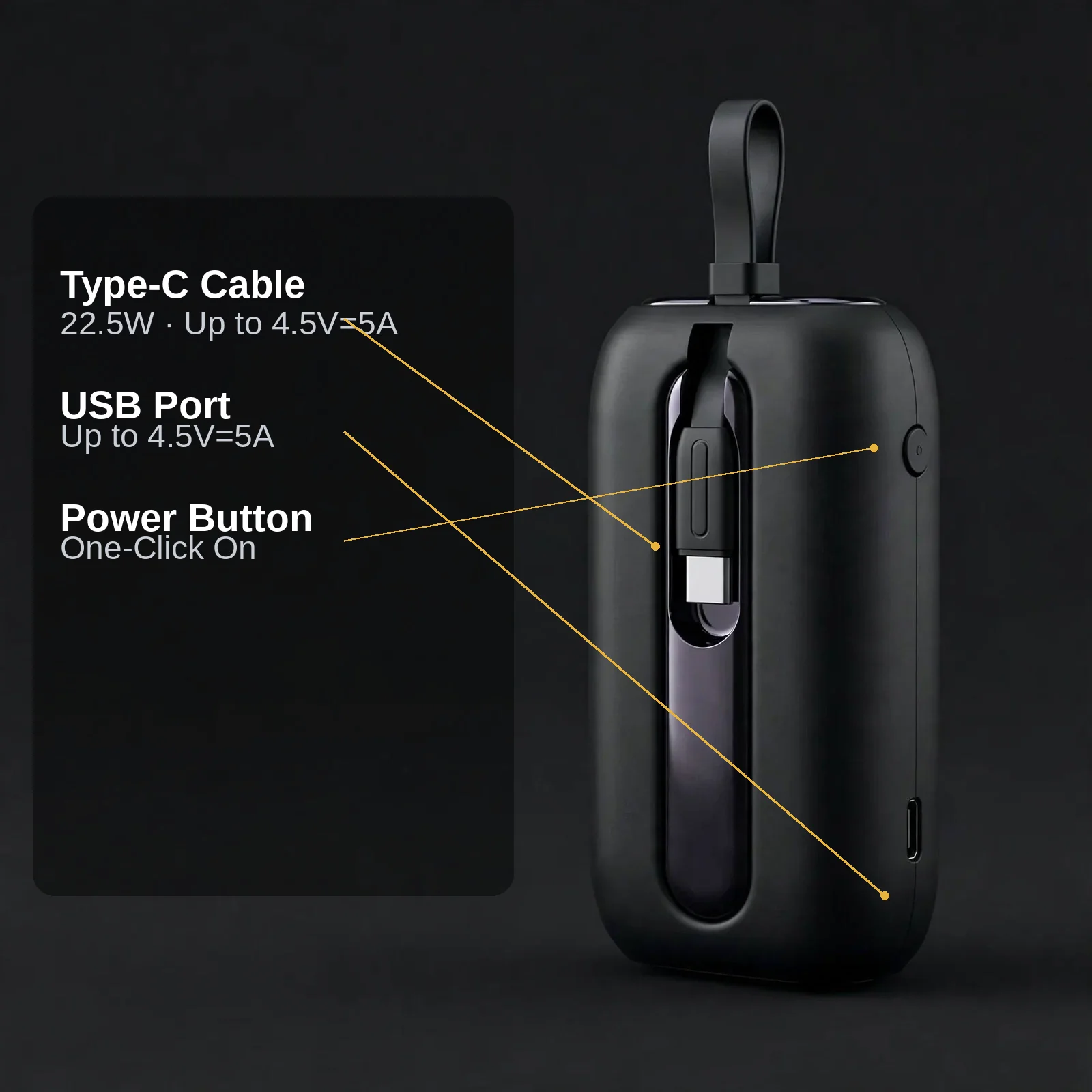 Joyroom JR-L012 feature callouts: Type-C cable, USB port and power button