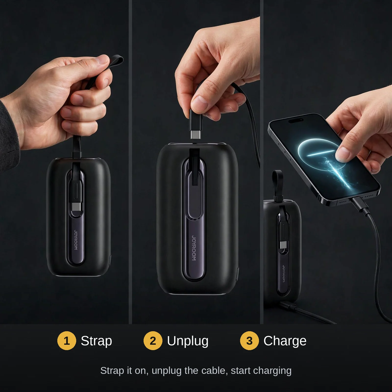 Joyroom JR-L012 three-step guide: strap it on, unplug the cable, start charging