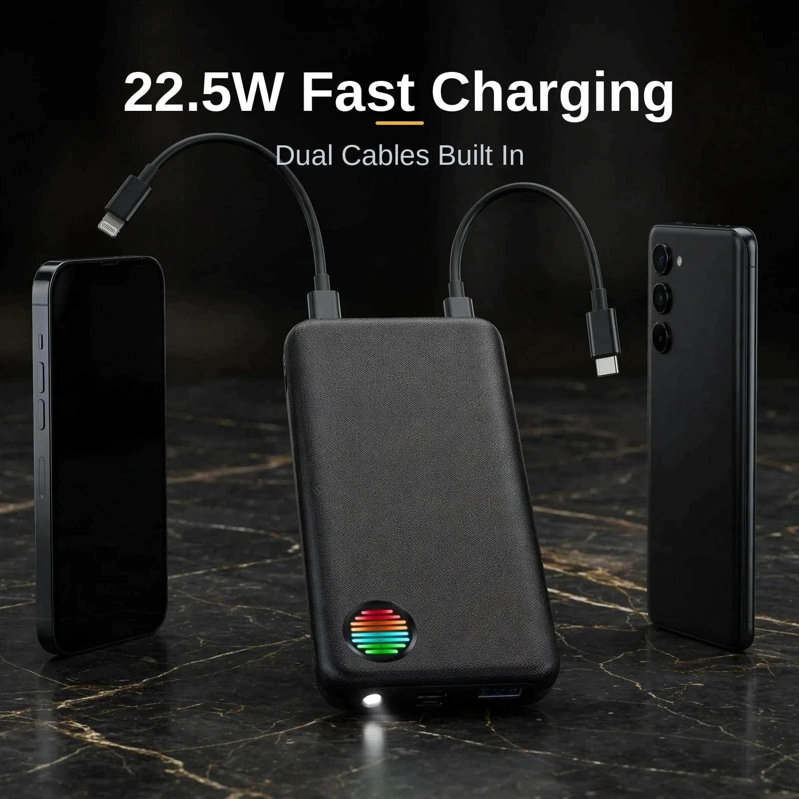 Joyroom JR-L014 power bank price in Bangladesh: black 22.5W 10000mAh power bank with dual built-in cables extended beside two smartphones