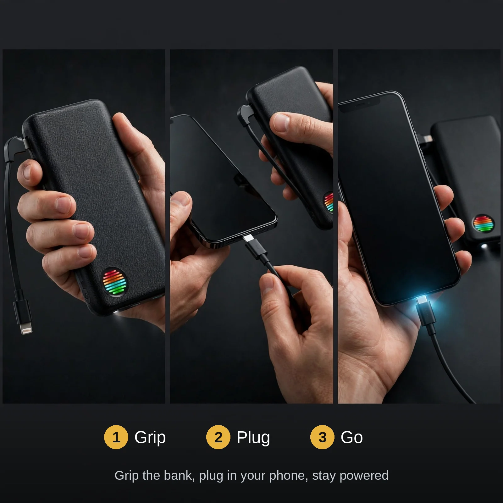 Three-step guide showing how to grip the Joyroom JR-L014, plug in a phone and stay powered