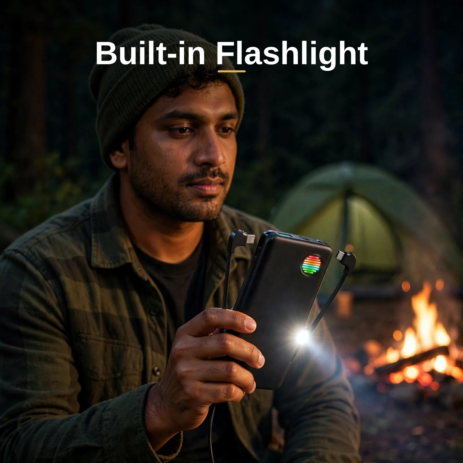Camper holding the Joyroom JR-L014 power bank with its built-in flashlight beaming at night