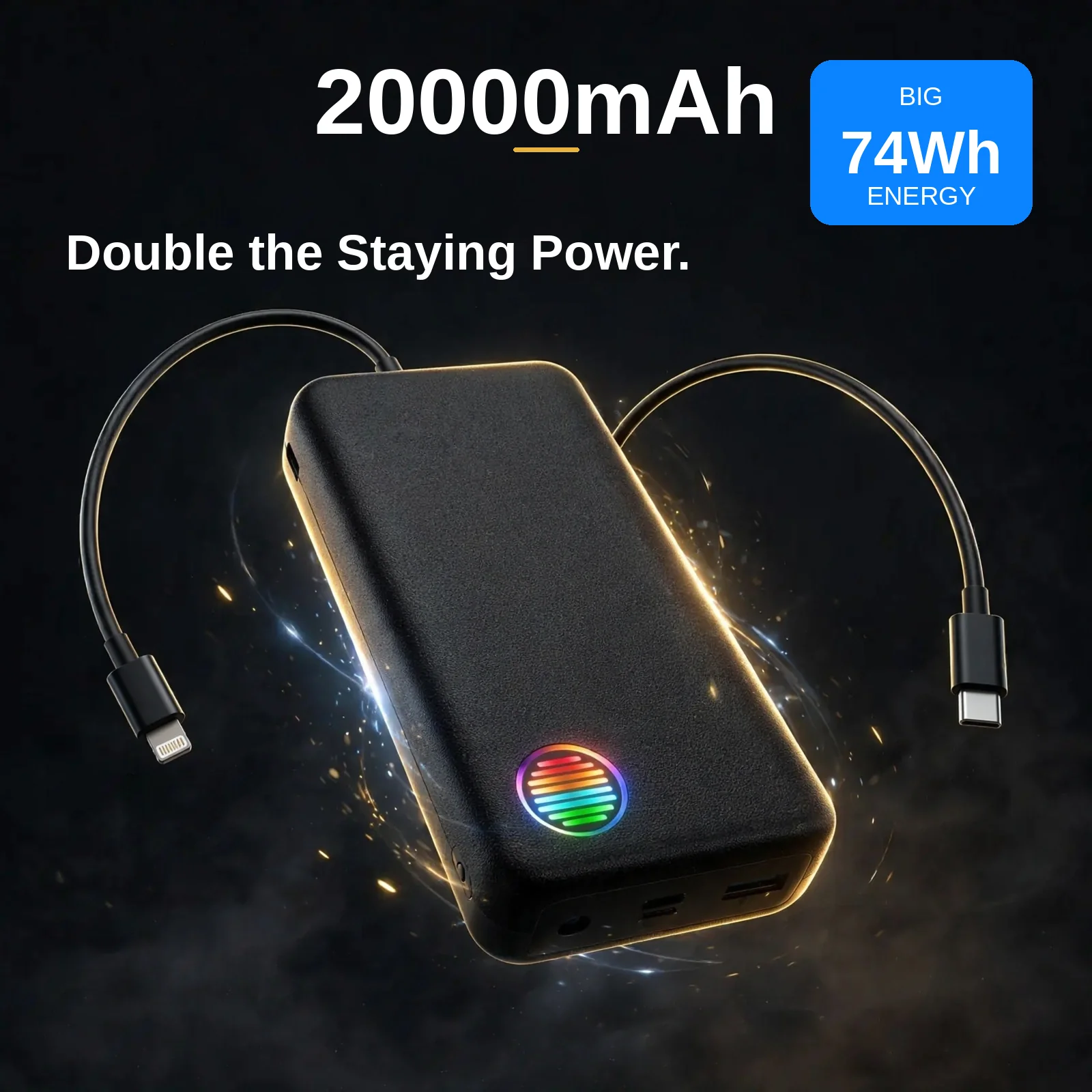Joyroom JR-L015 20000mAh 74Wh capacity promo with built-in cables arcing from the bank