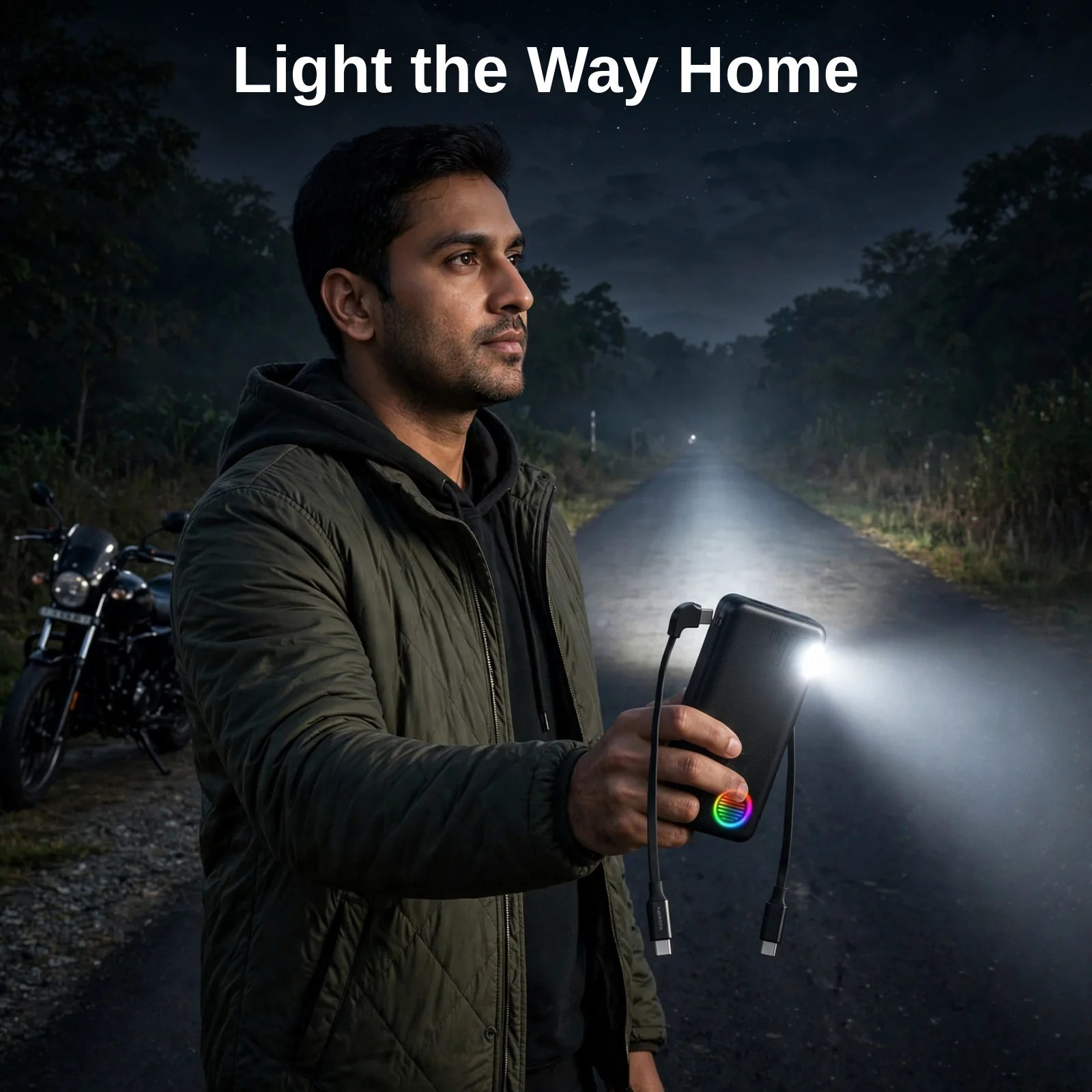 Joyroom JR-L015 flashlight in use at night by a rider on a dark road
