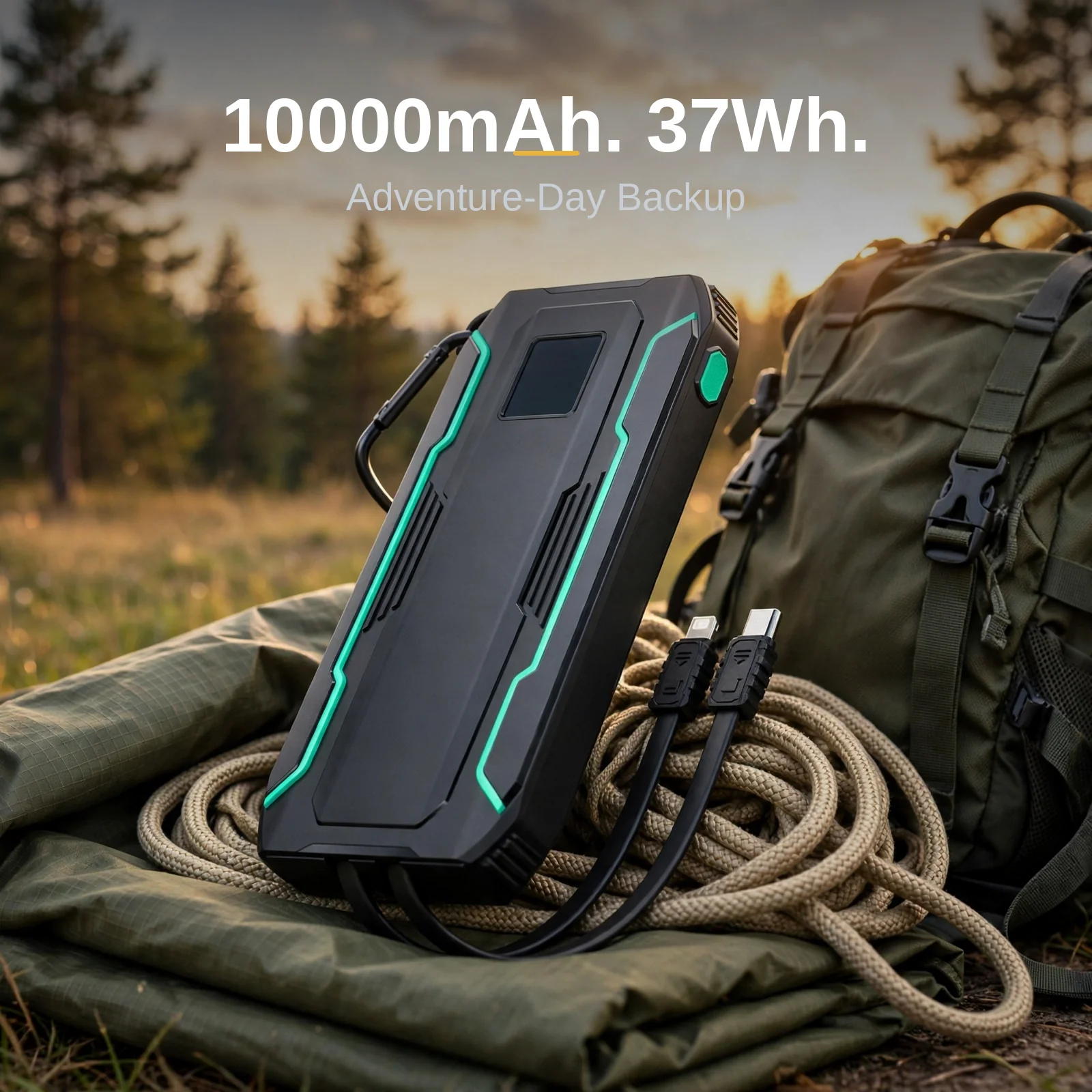 Joyroom JR-L017 10000mAh 37Wh power bank on camping gear at golden hour