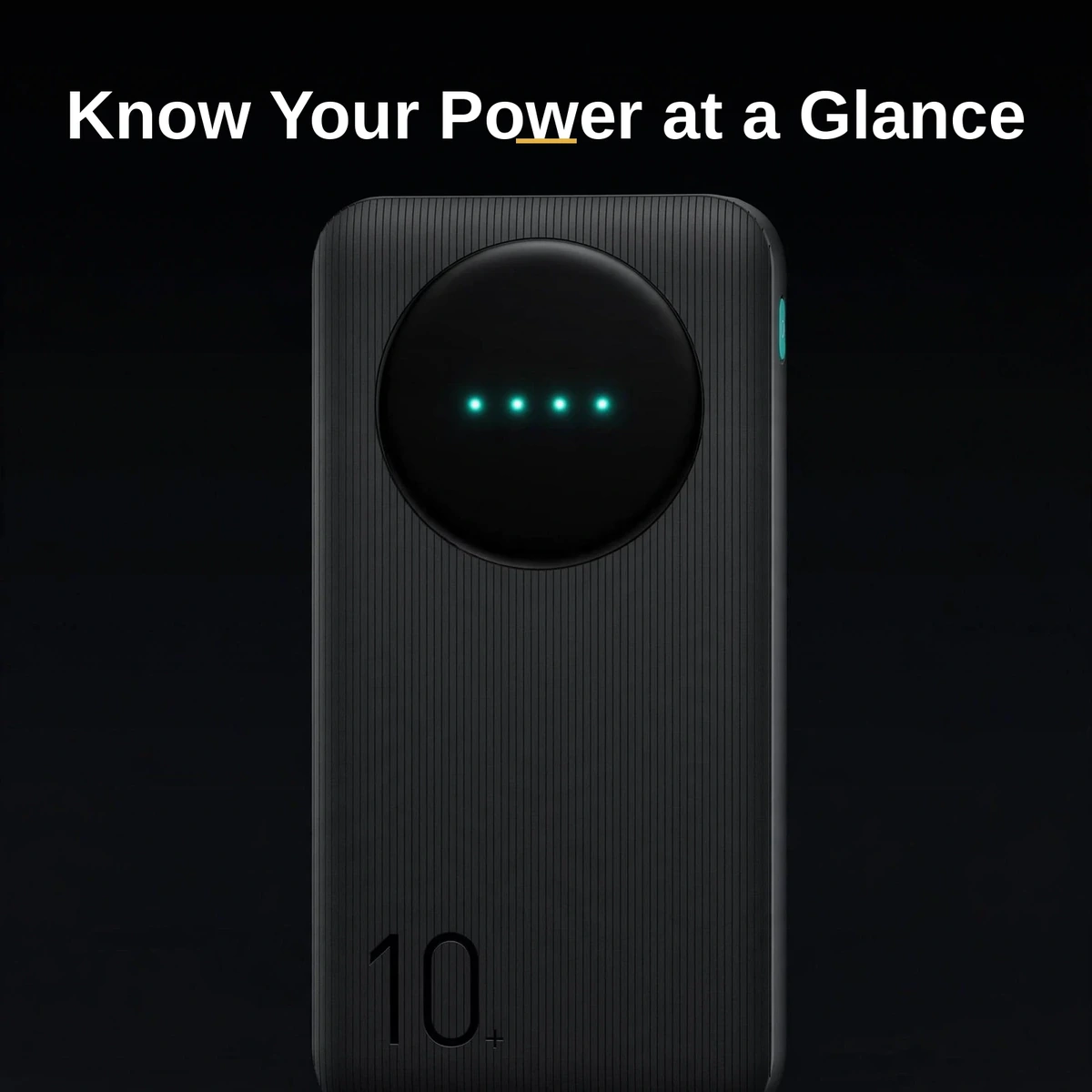 Joyroom JR-PBF12 black power bank with four LED indicators lit on the circular window