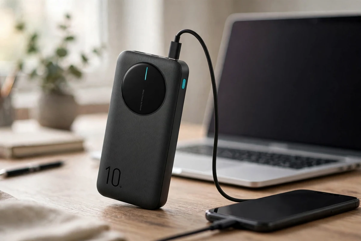 Joyroom JR-PBF12 black power bank price – slim black Joyroom JR-PBF12 on an office desk charging a smartphone