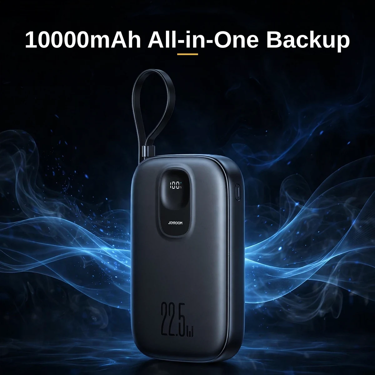 Joyroom JR-PBF18 power bank price photo — black 10000mAh bank with its Lightning cable stowed in a loop