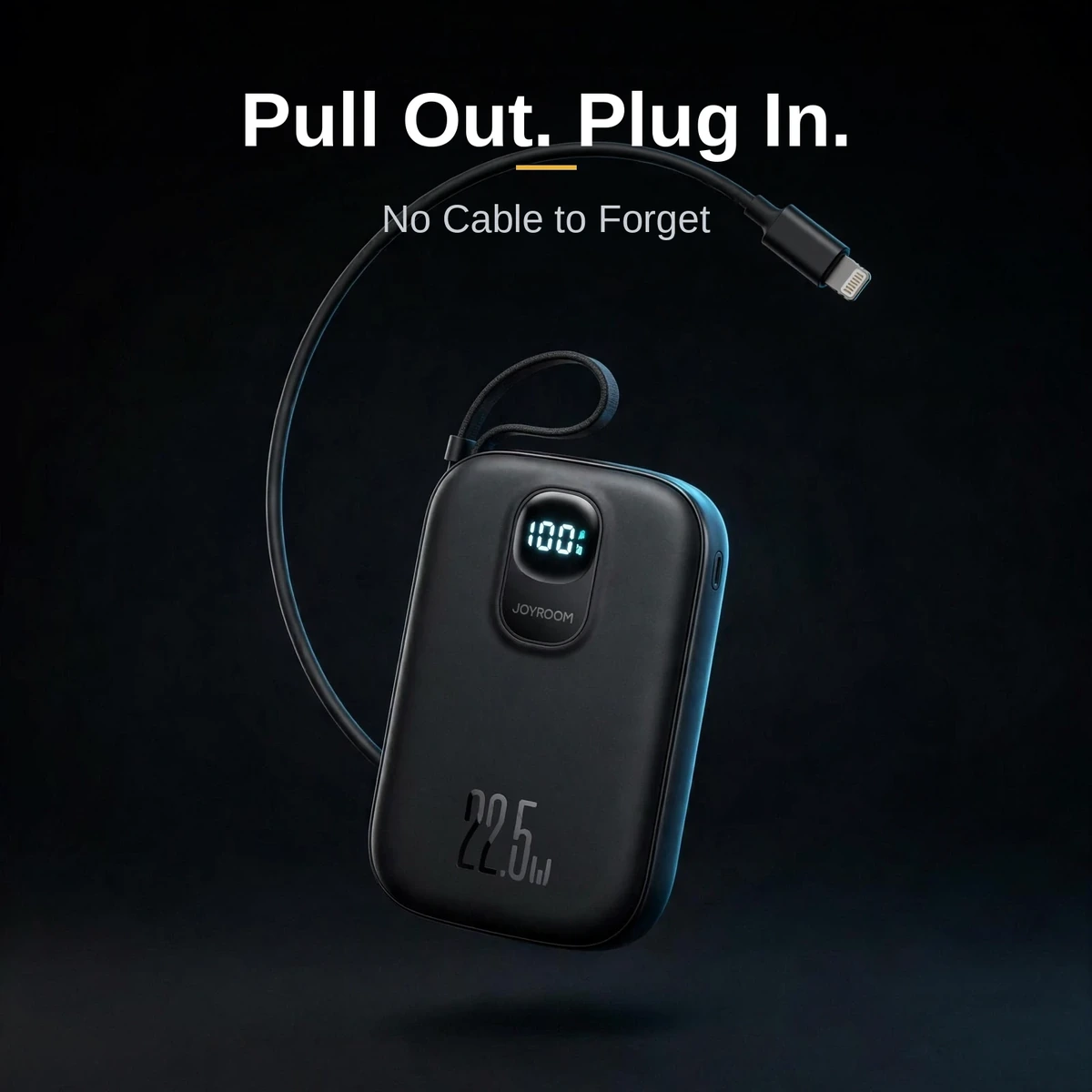 Joyroom JR-PBF18 power bank price in Bangladesh — the built-in Lightning cable pulled out from the black bank, Lightning tip visible