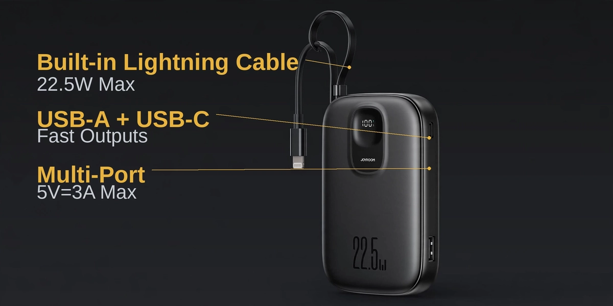 Joyroom JR-PBF18 port map showing the built-in Lightning cable and the USB-A and USB-C outputs