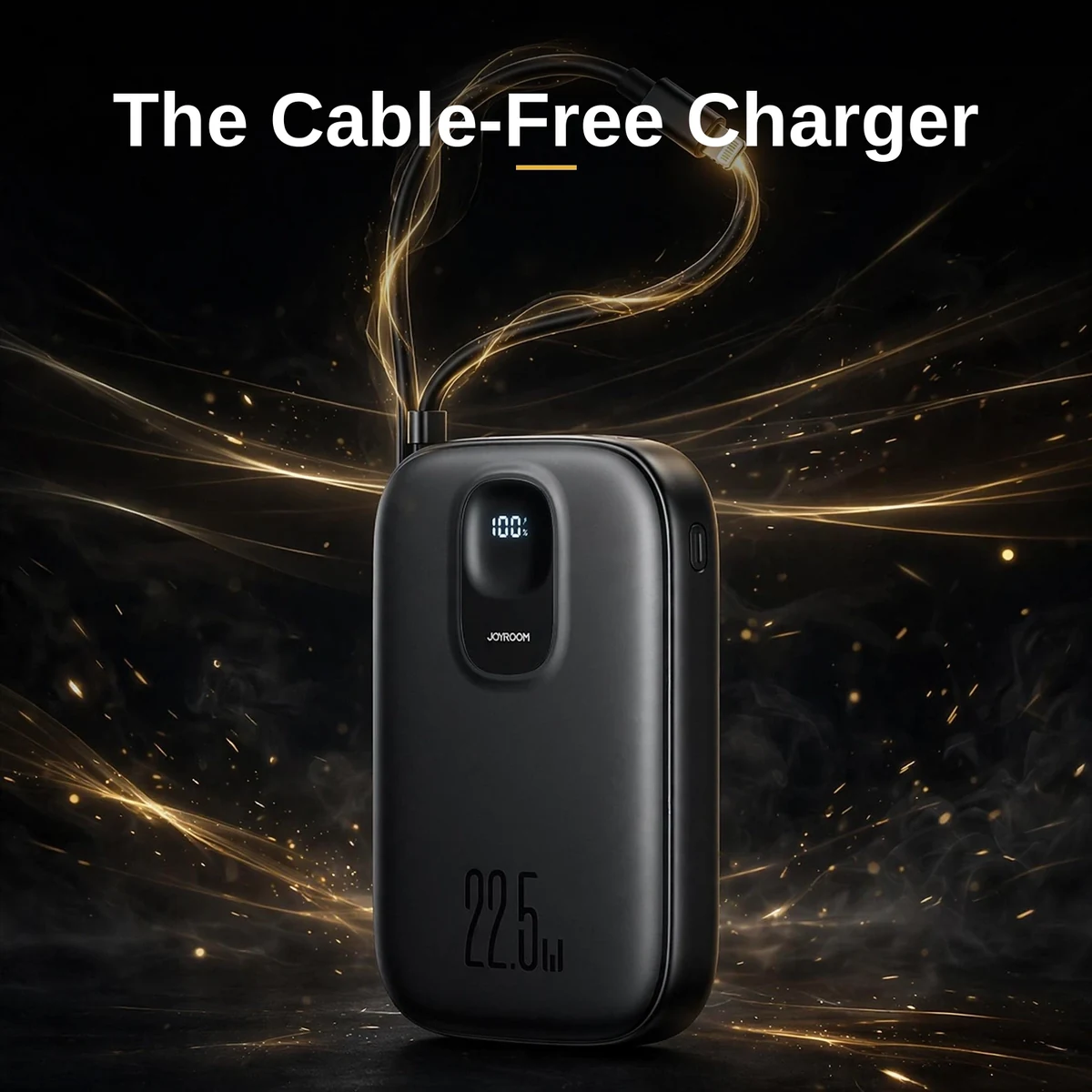 Joyroom JR-PBF18 power bank with built-in Lightning cable against a dark background with golden light trails