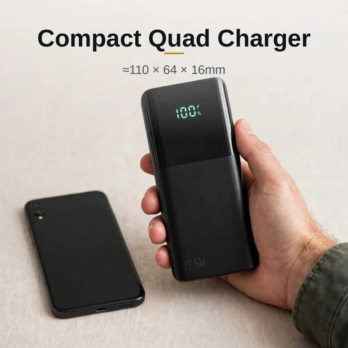 Joyroom JR-PBF19 held in hand beside a smartphone showing compact size for the Joyroom JR-PBF19 power bank price shopper