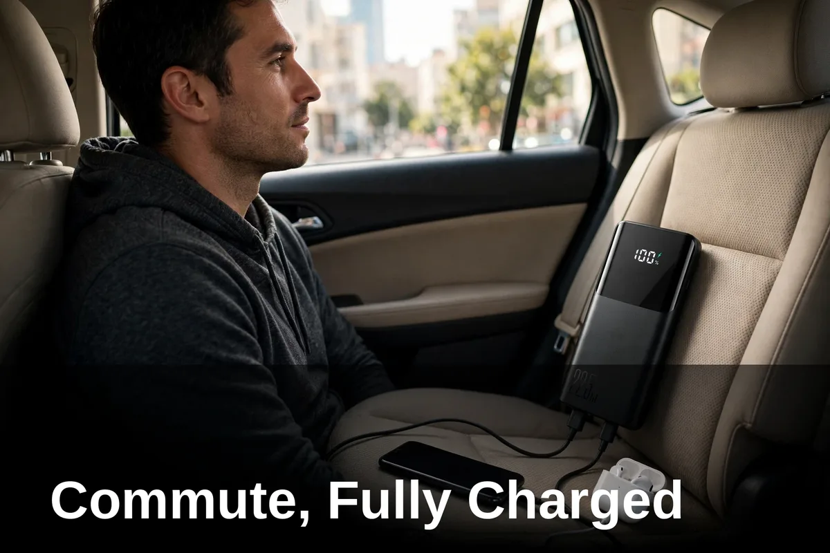 Joyroom JR-PBF19 charging a phone and earbuds during a car commute, Joyroom JR-PBF19 power bank price lifestyle view