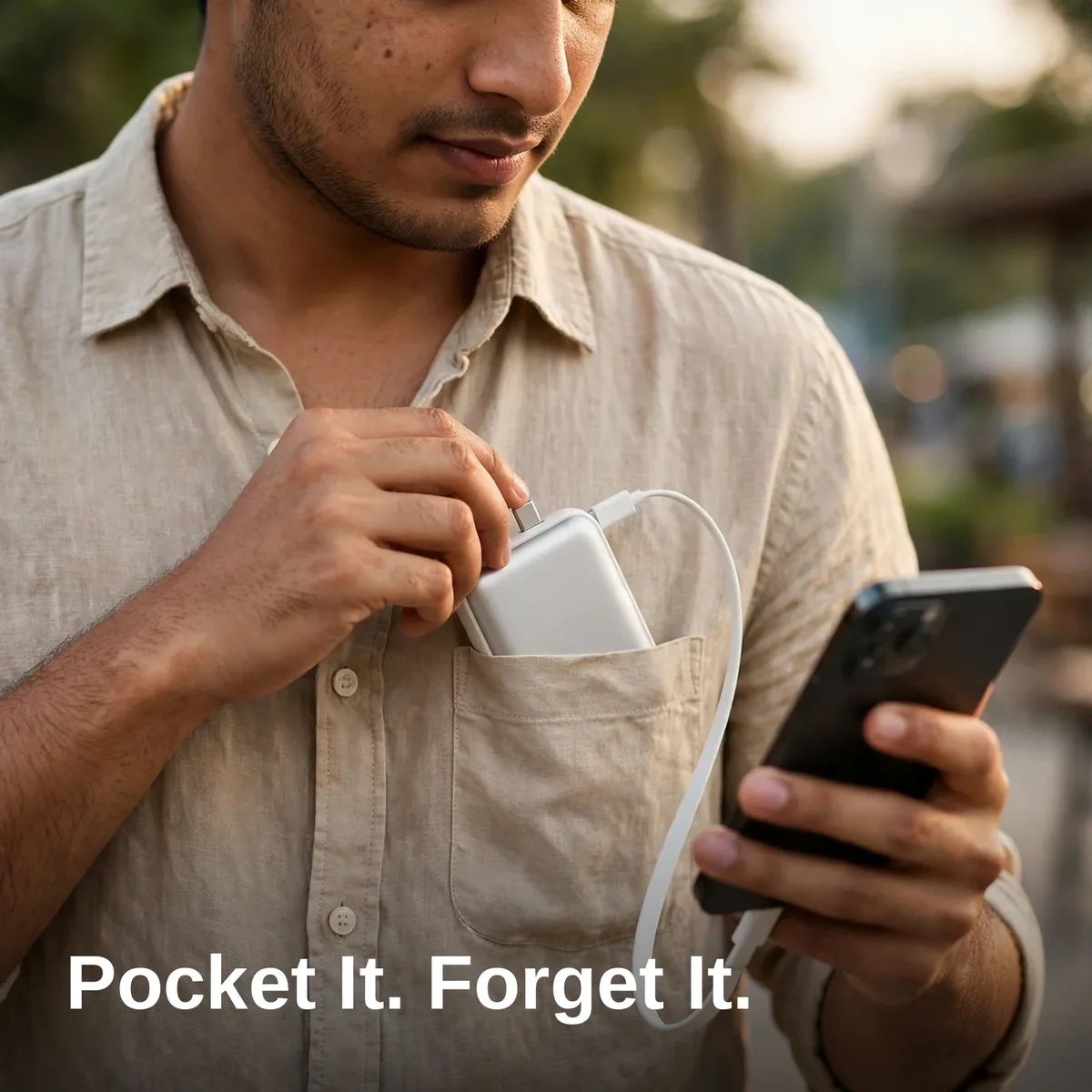 Man carrying the Joyroom JR-PBF27 mini power bank in a shirt pocket while commuting