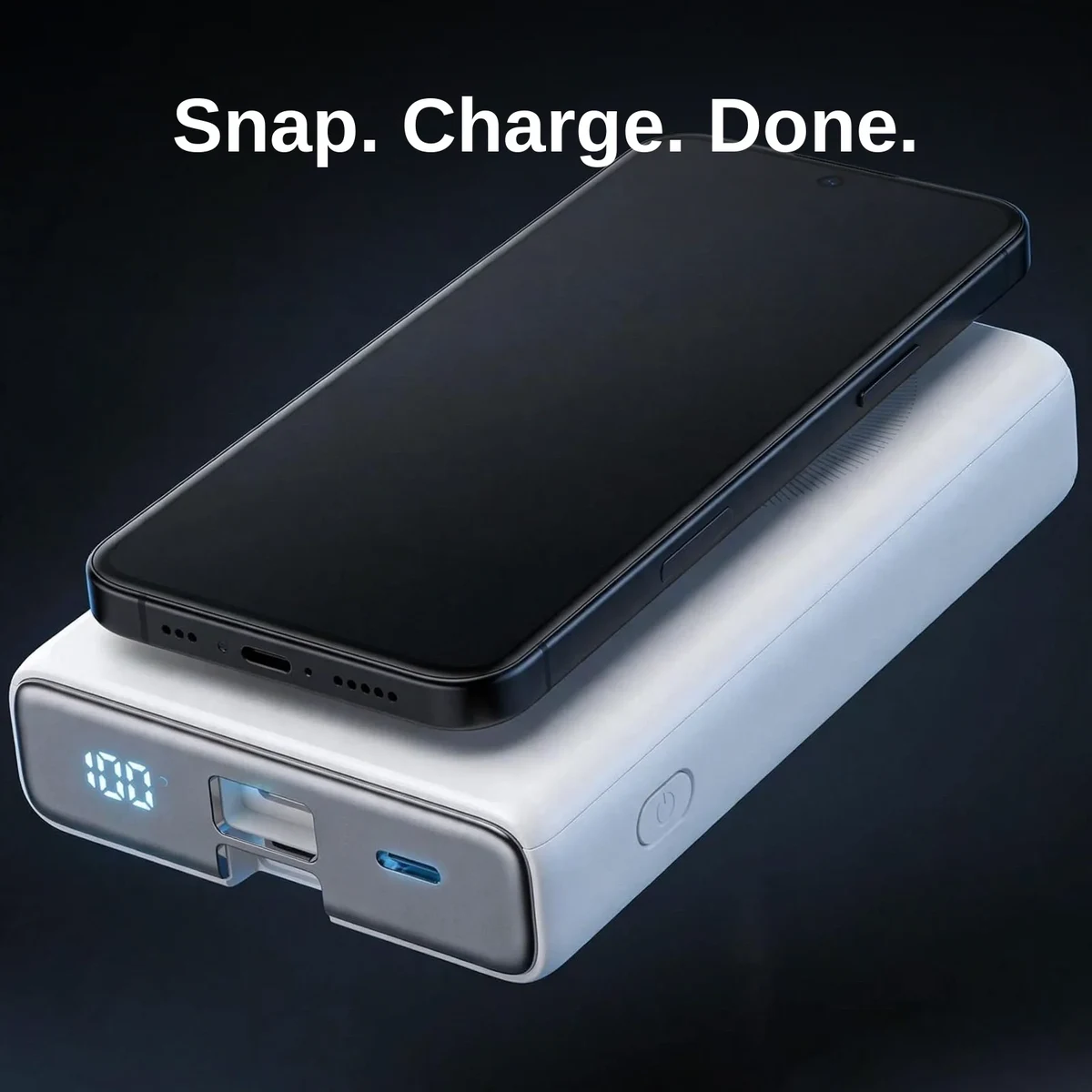 Phone resting on the Joyroom JR-PBM01 magnetic wireless pad with the digital display reading 100