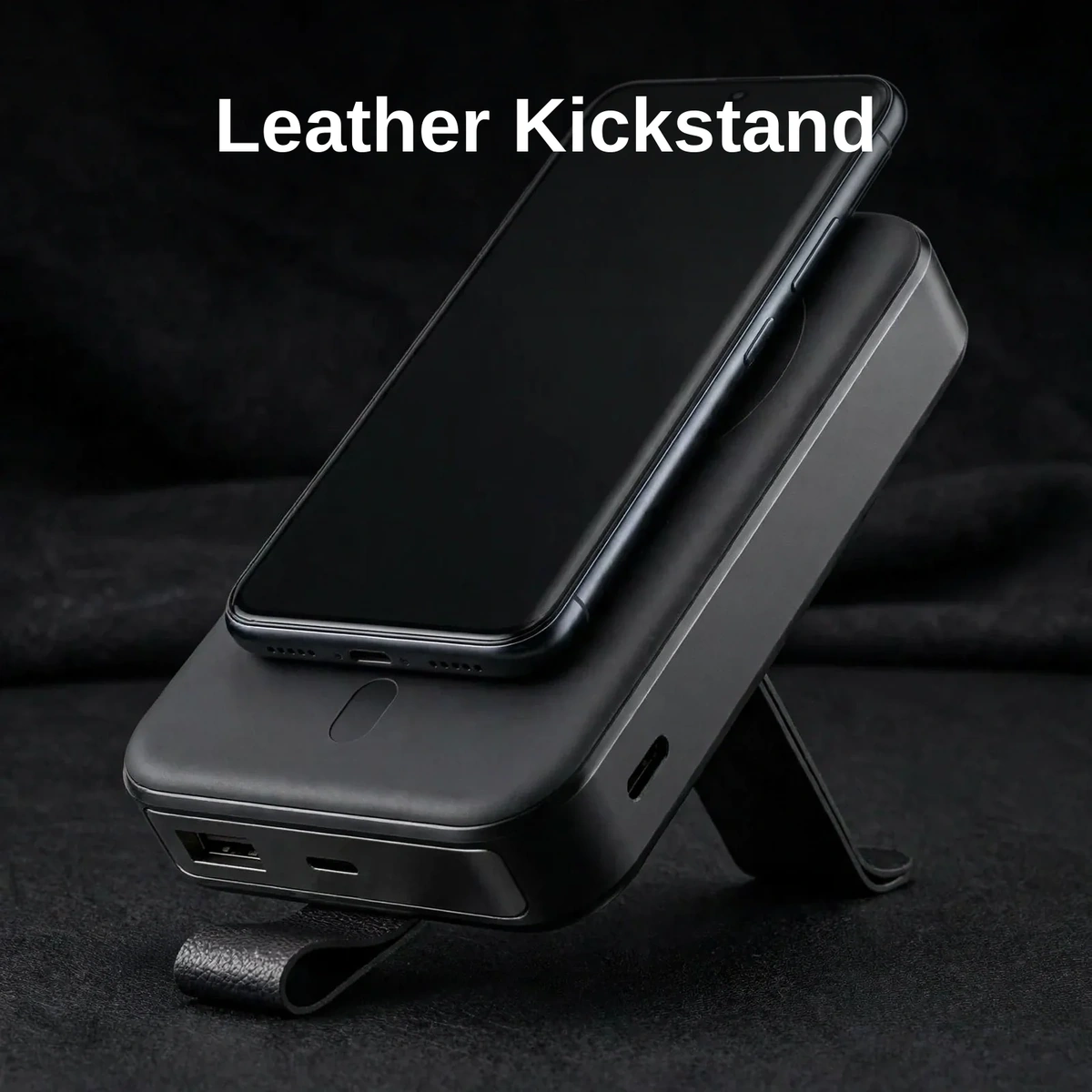 Joyroom JR-PBM11 leather kickstand propping a phone upright while it charges