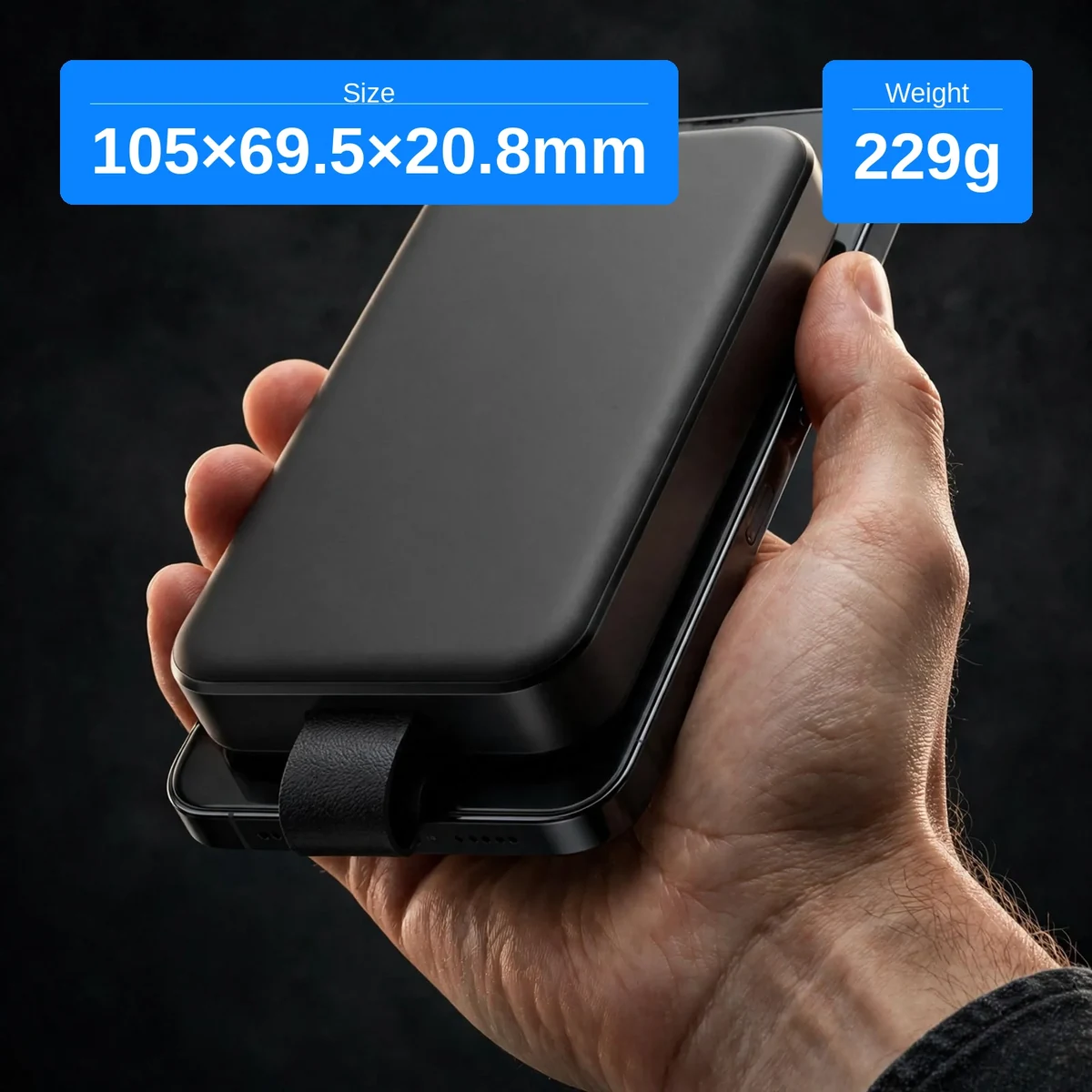 Joyroom JR-PBM11 size 105 by 69.5 by 20.8 millimetres and weight 229 grams shown in hand