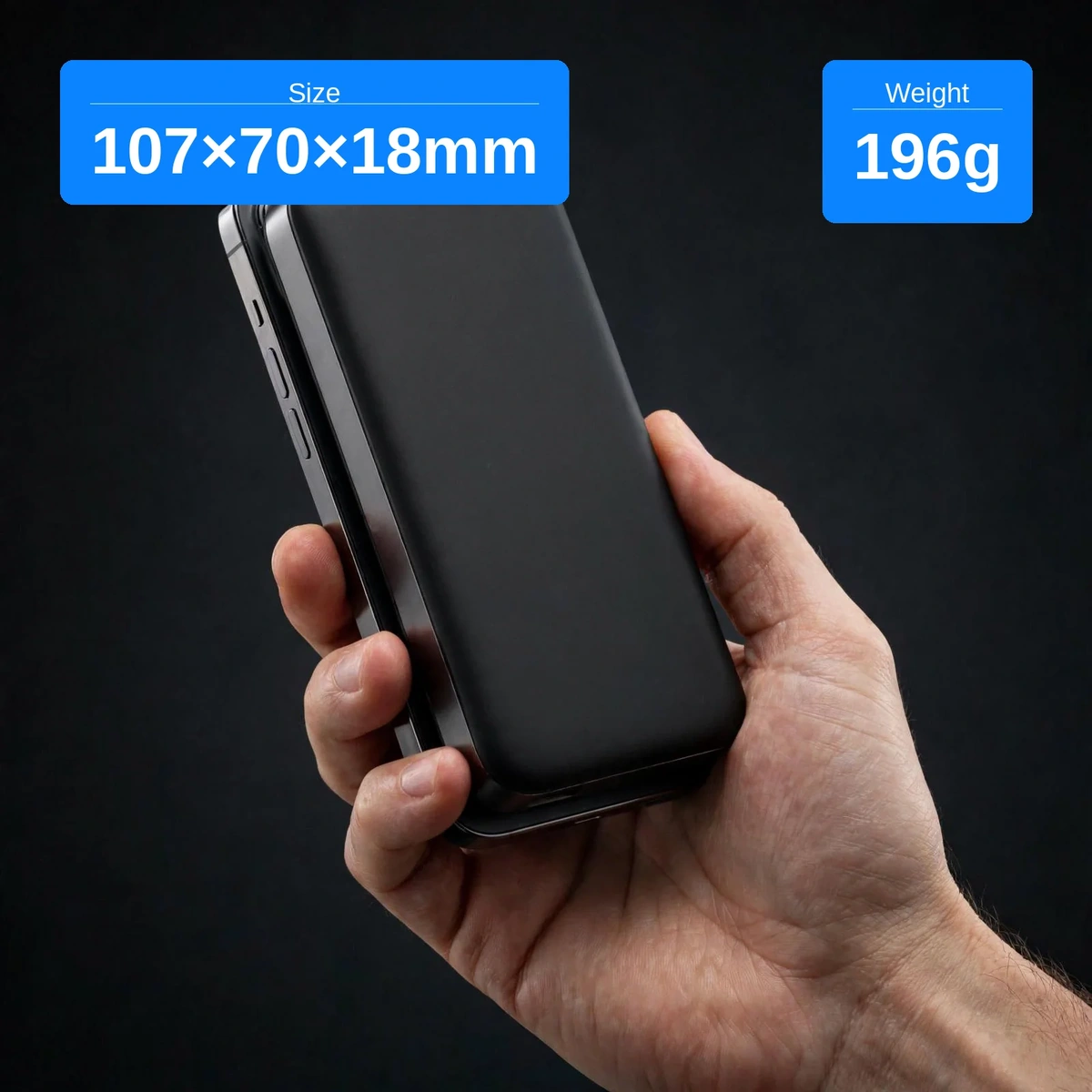 Joyroom JR-PBM12 held in one hand against a phone, showing its 107 x 70 x 18mm size and 196g weight