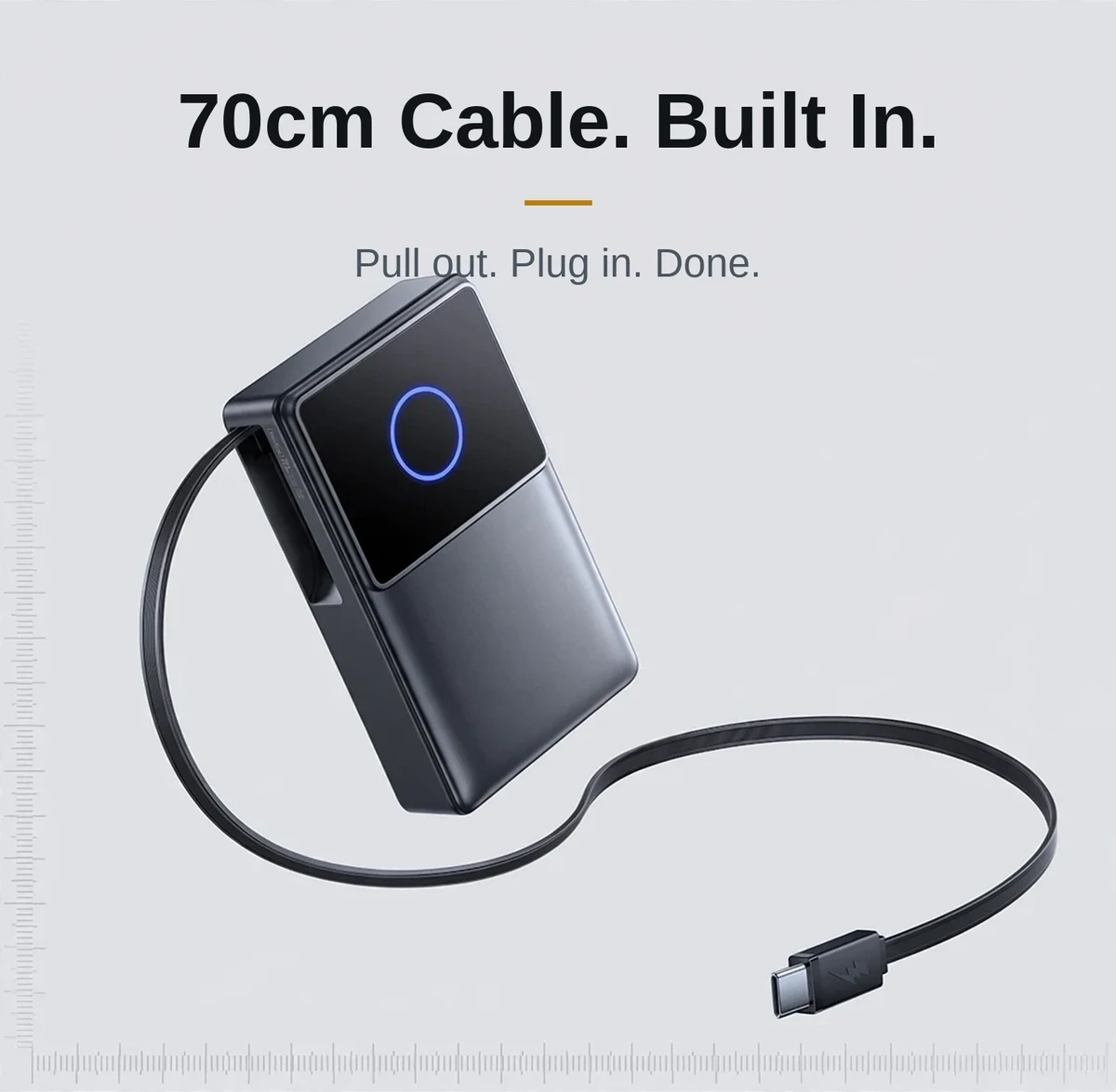 Joyroom JR-PR1 power bank price in Bangladesh — built-in 70cm retractable Type-C cable pulled out of the JR-PR1 body