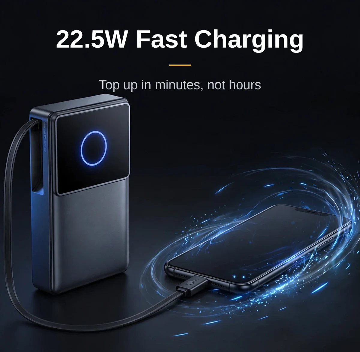 Joyroom JR-PR1 charging a smartphone at up to 22.5W through its built-in retractable cable