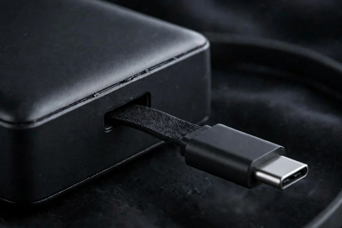 Macro view of the JR-PR1 retractable cable slot and its flat Type-C plug