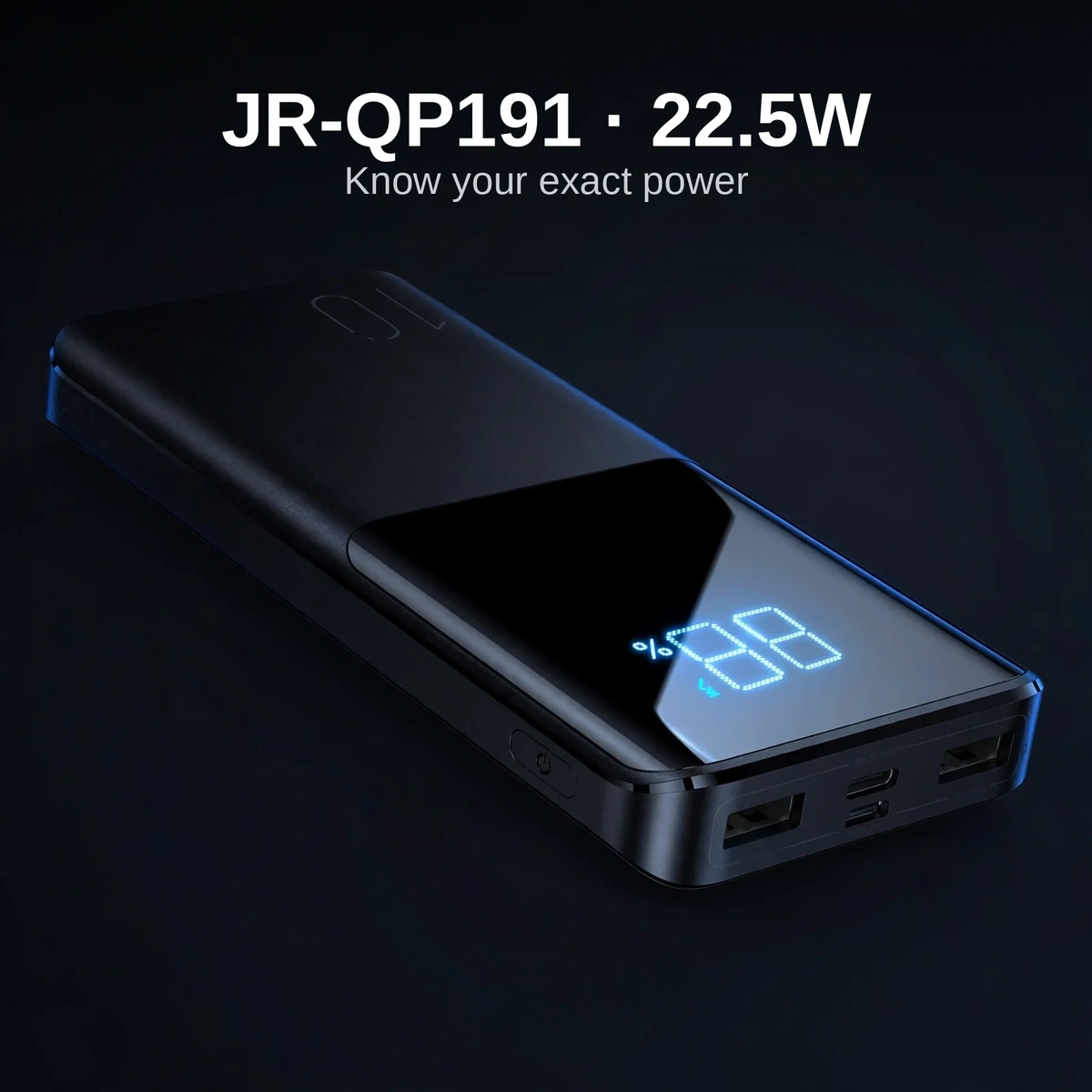 Joyroom JR-QP191 power bank price — black JR-QP191 bank with LED percentage display lit and all four ports on one end