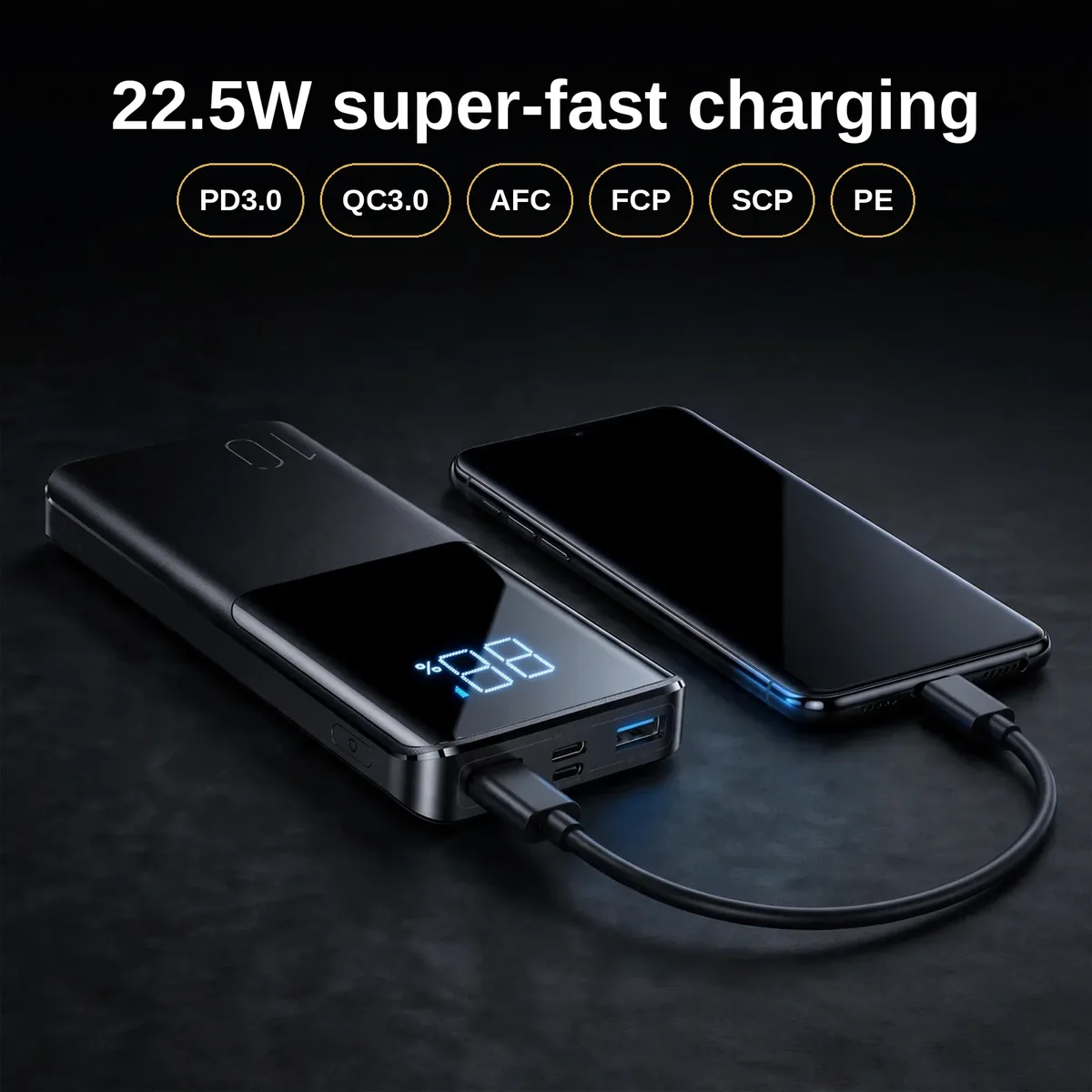 Joyroom JR-QP191 power bank price in use — JR-QP191 charging a phone by cable, with PD3.0, QC3.0, AFC, FCP, SCP and PE protocol chips shown