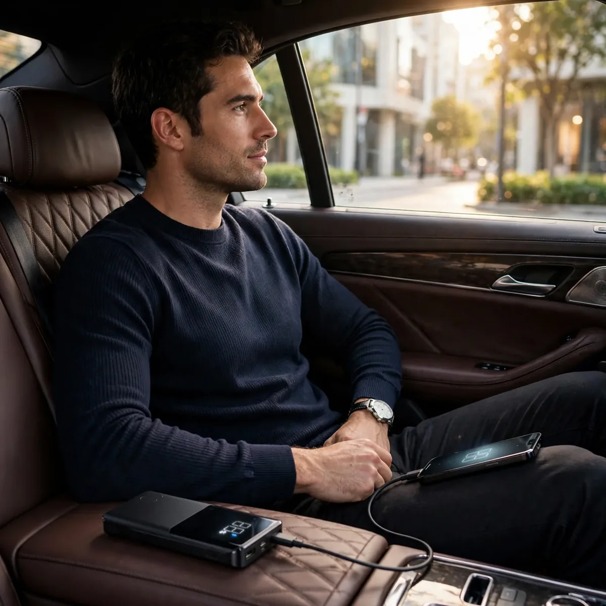 Joyroom JR-QP191 power bank price on the move — man in a car back seat charging a phone from the JR-QP191 with its percentage display visible