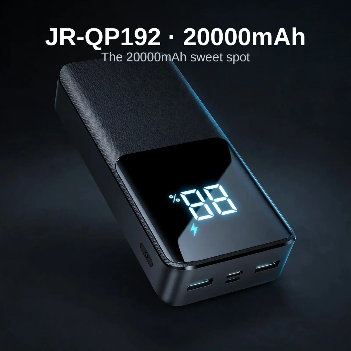 Joyroom JR-QP192 power bank price — black JR-QP192 bank with digital LED display lit and all ports on one end