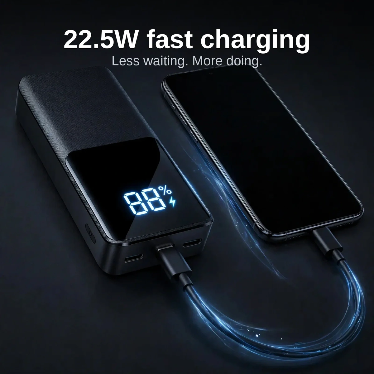 Joyroom JR-QP192 power bank price in use — JR-QP192 charging a phone by a single continuous cable at up to 22.5W