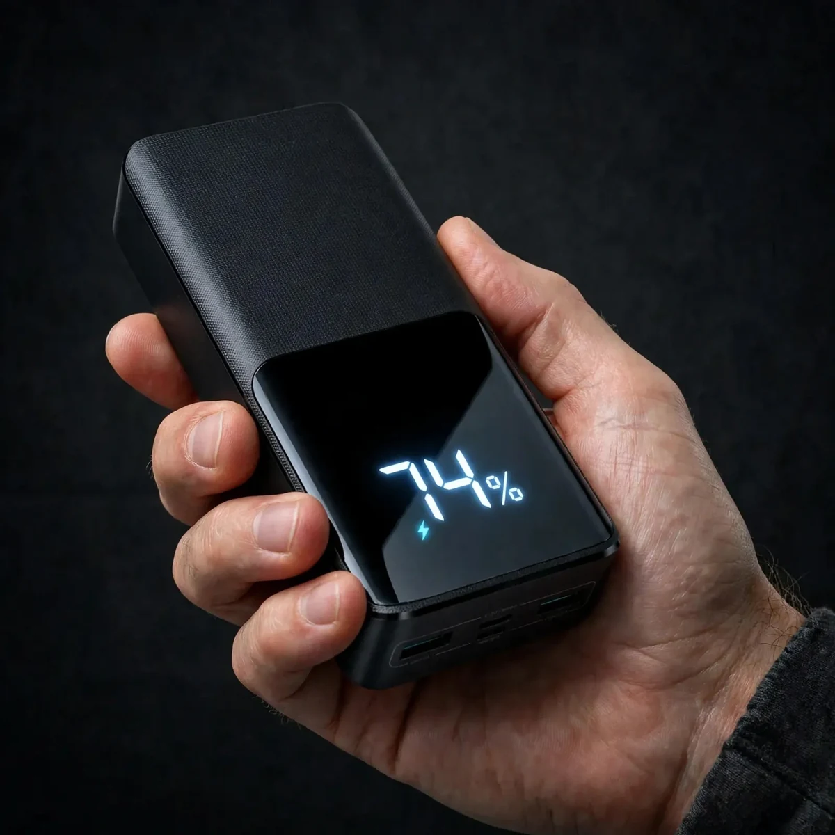 Joyroom JR-QP192 power bank price in hand — JR-QP192 showing its digital LED display and port end at 150 by 69 by 29 mm