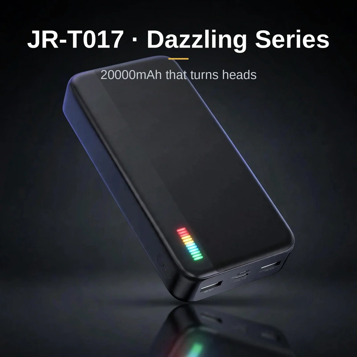 Joyroom JR-T017 Dazzling Series power bank in black with LED indicator lit