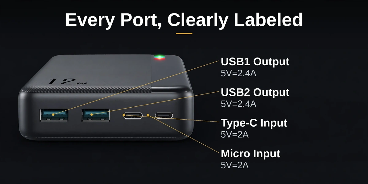Joyroom JR-T017 port map with USB1, USB2, Type-C and Micro input ratings